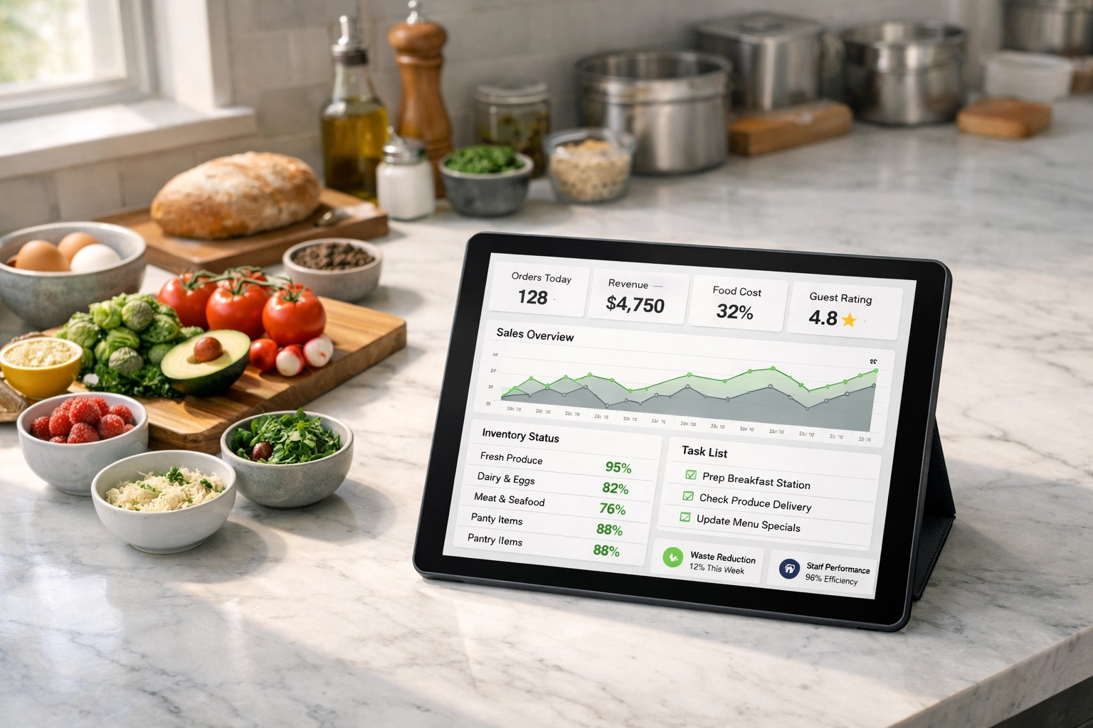 Tablet showing an AI dashboard in a hotel kitchen connected to a modern hotel pms to optimize operations.