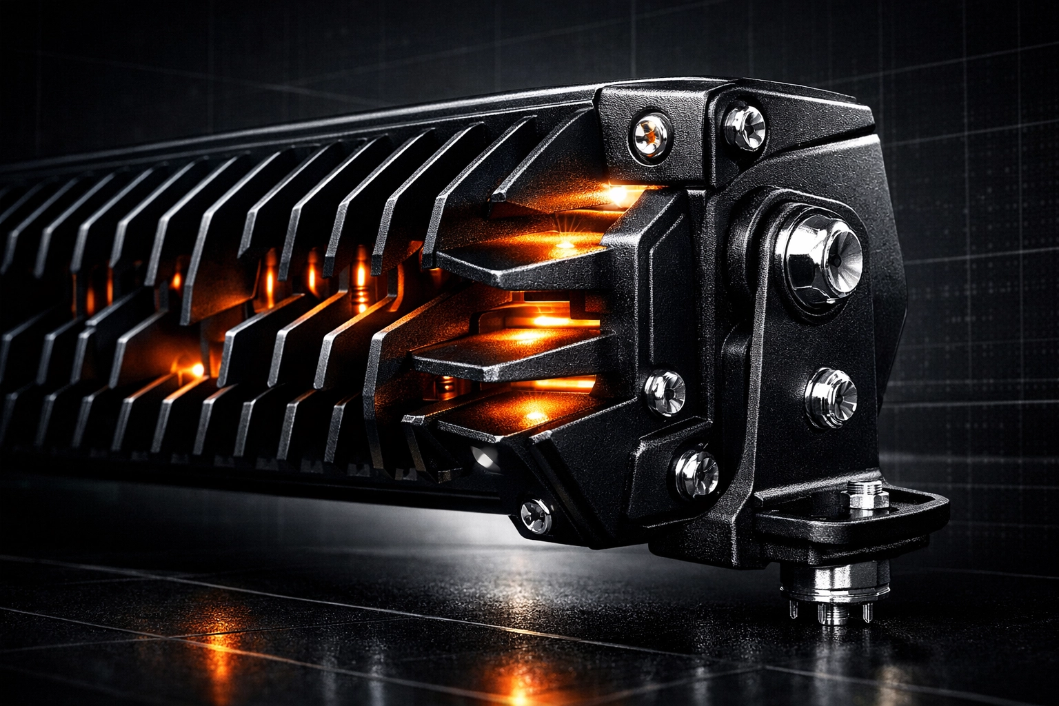 Rear view of an LED light bar showcasing aluminum cooling fins for efficient heat dissipation.