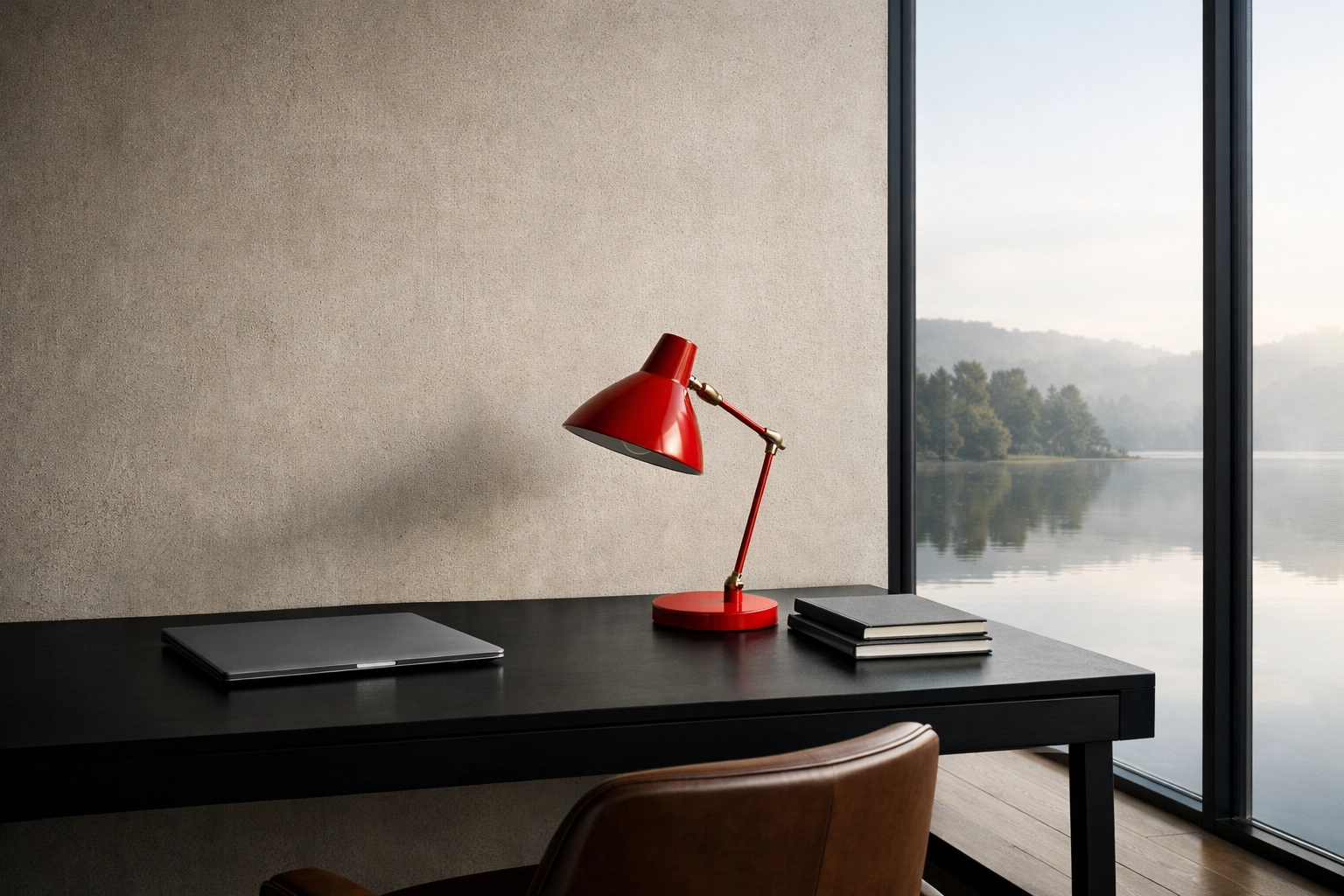 Modern office with a lake view, illustrating real estate agent support systems and predictable income.