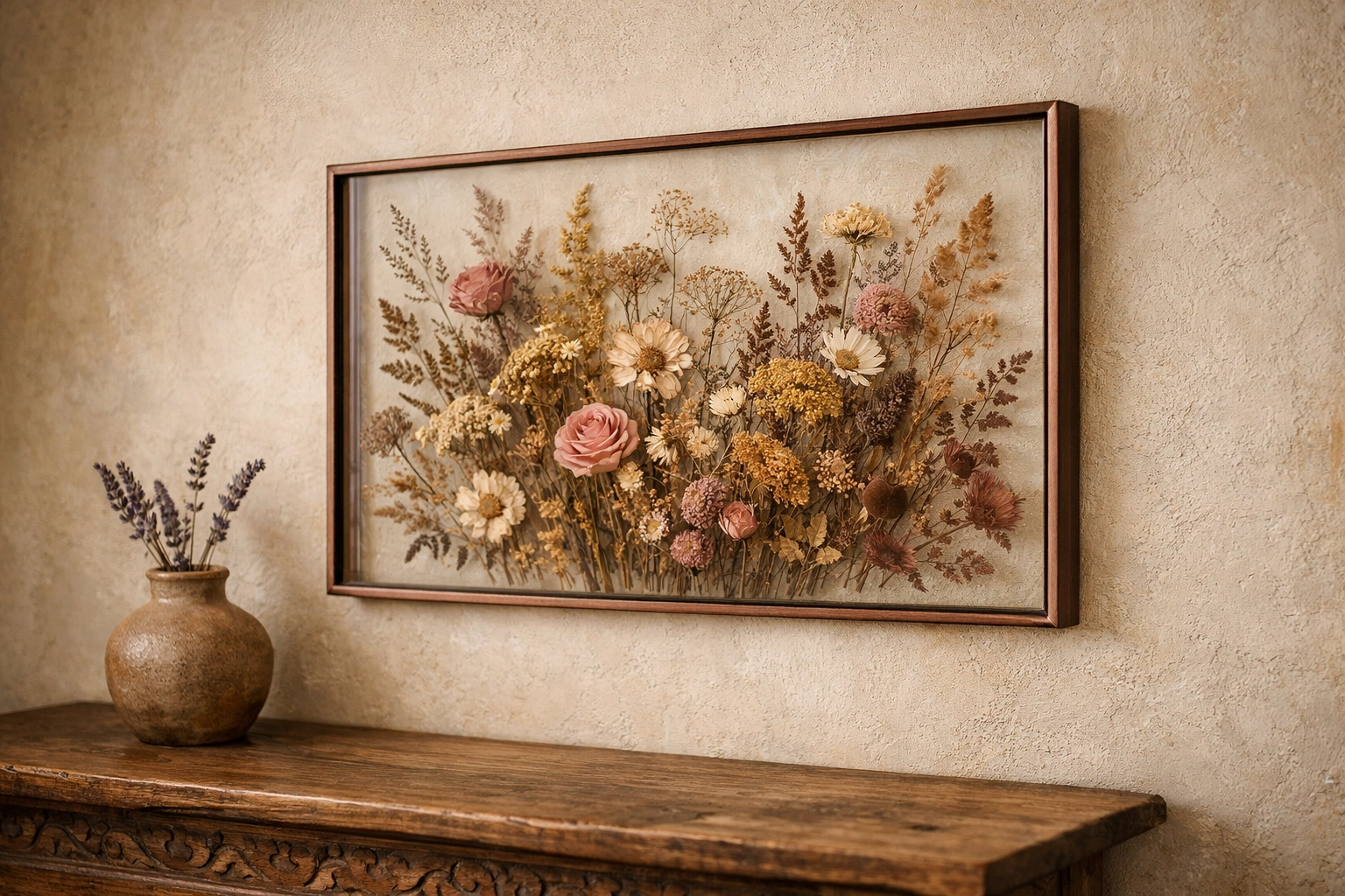 Artisan botanical flower wall hanging in a copper frame, representing quality handcrafted home decor.