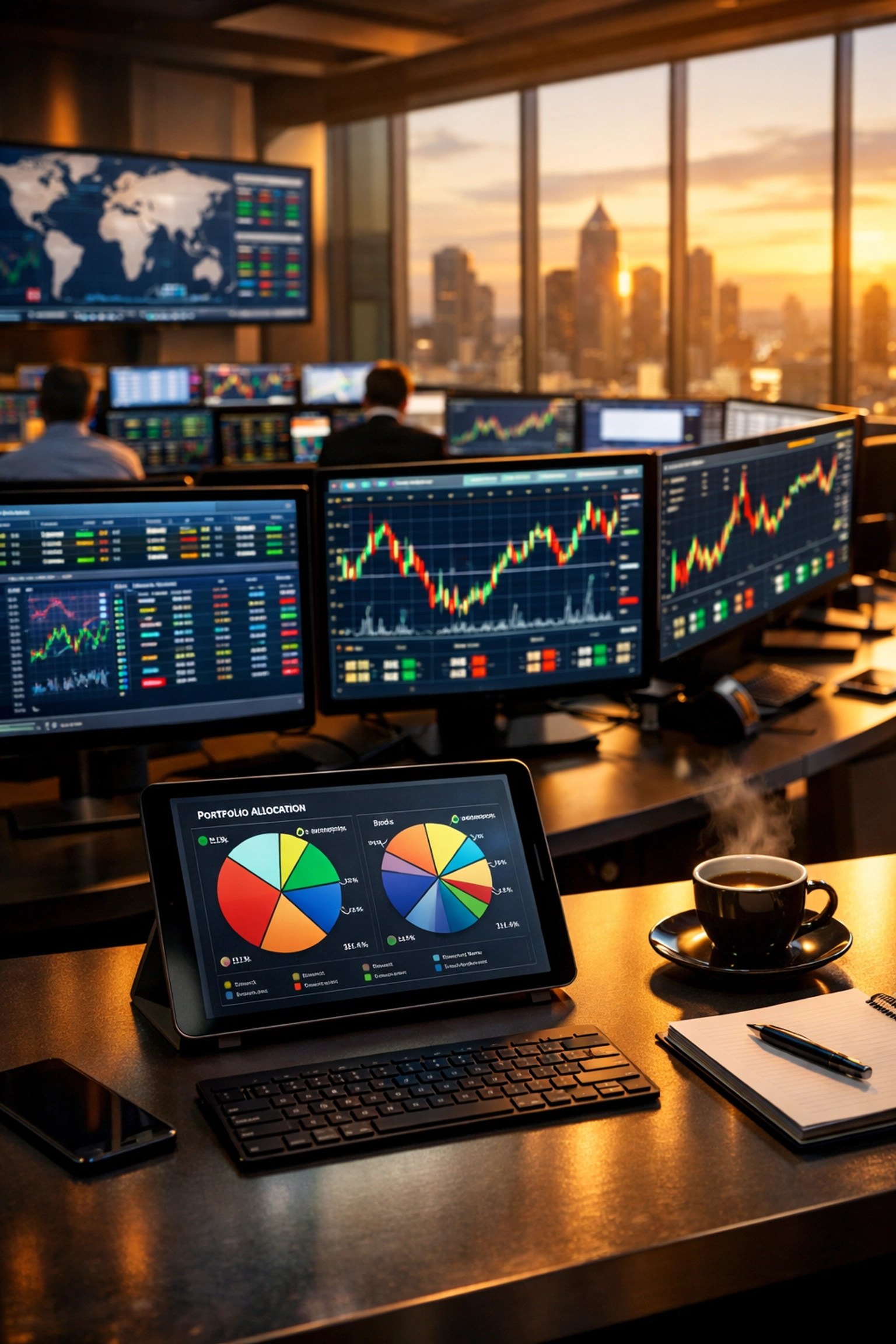 Institutional investor analyzing equity portfolio allocation on multiple trading monitors