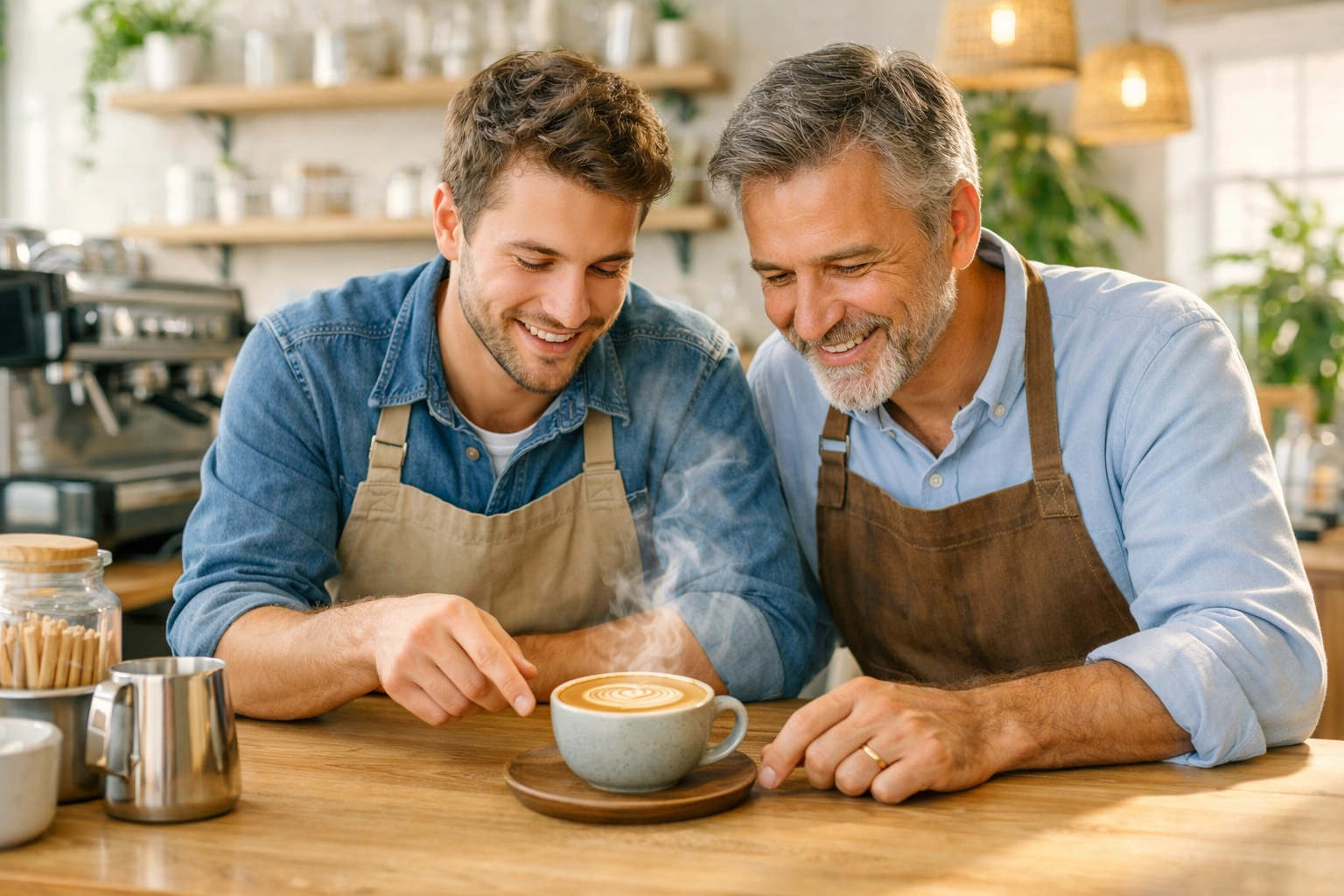 Barista and café owner in a bright shop, showing the collaborative support of a specialty coffee supplier.