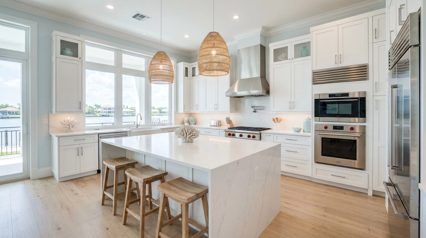 High-end white kitchen with large island in Fort Myers Florida - professional real estate photo