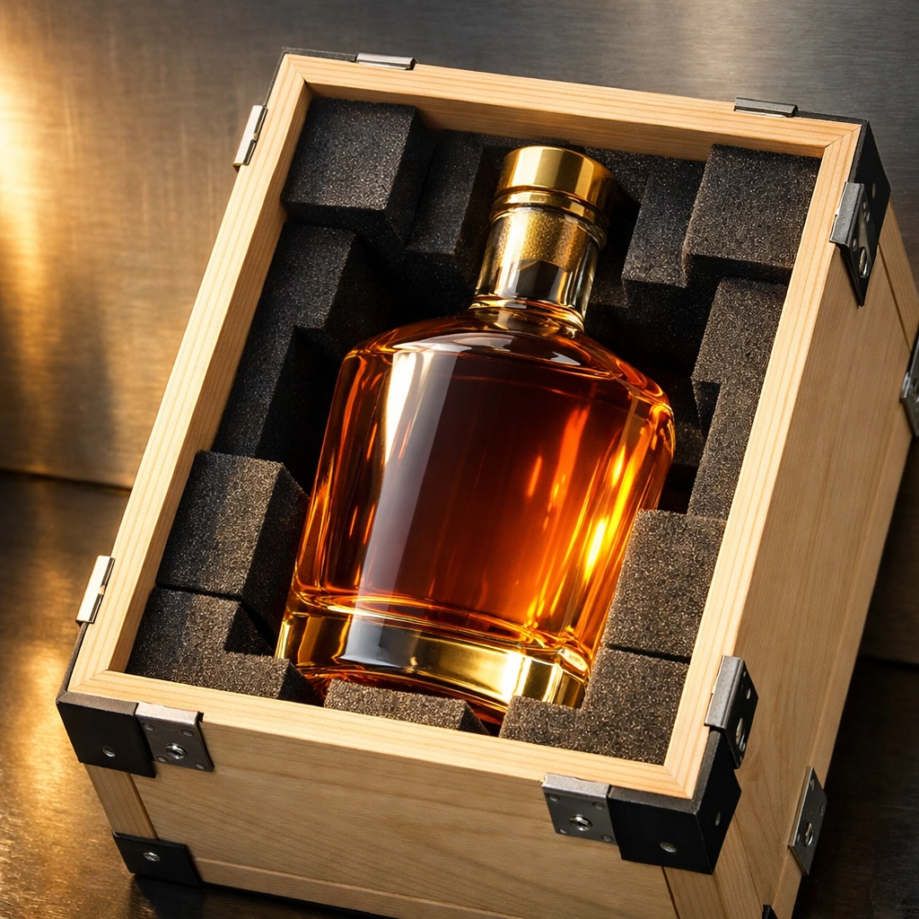Secure packaging for premium whiskey shipping, showing a craft spirit bottle in a high-end delivery crate.