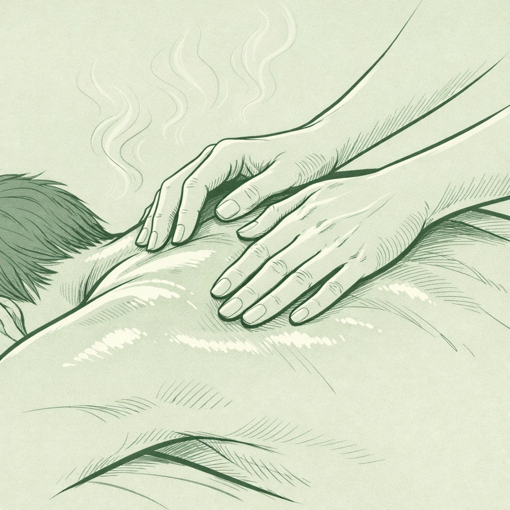 Therapeutic massage hands working on male back in heated sauna space