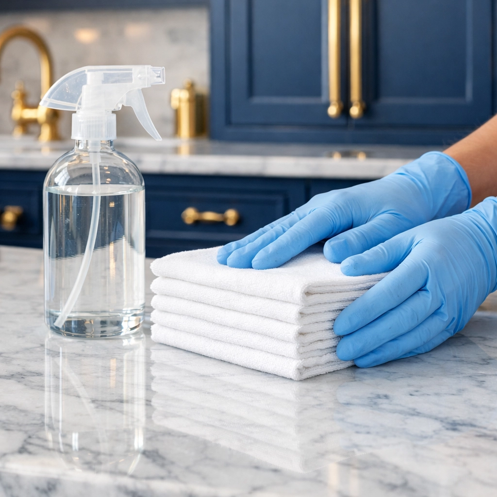 Detail of a sparkling marble kitchen island kept in peak condition by residential cleaning in Marblehead.