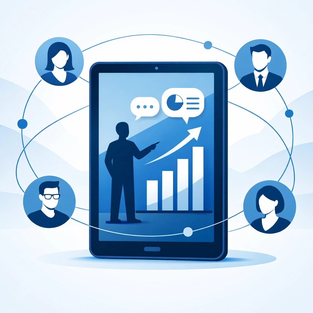 Digital illustration showing a professional webinar presentation on a tablet for audience engagement.