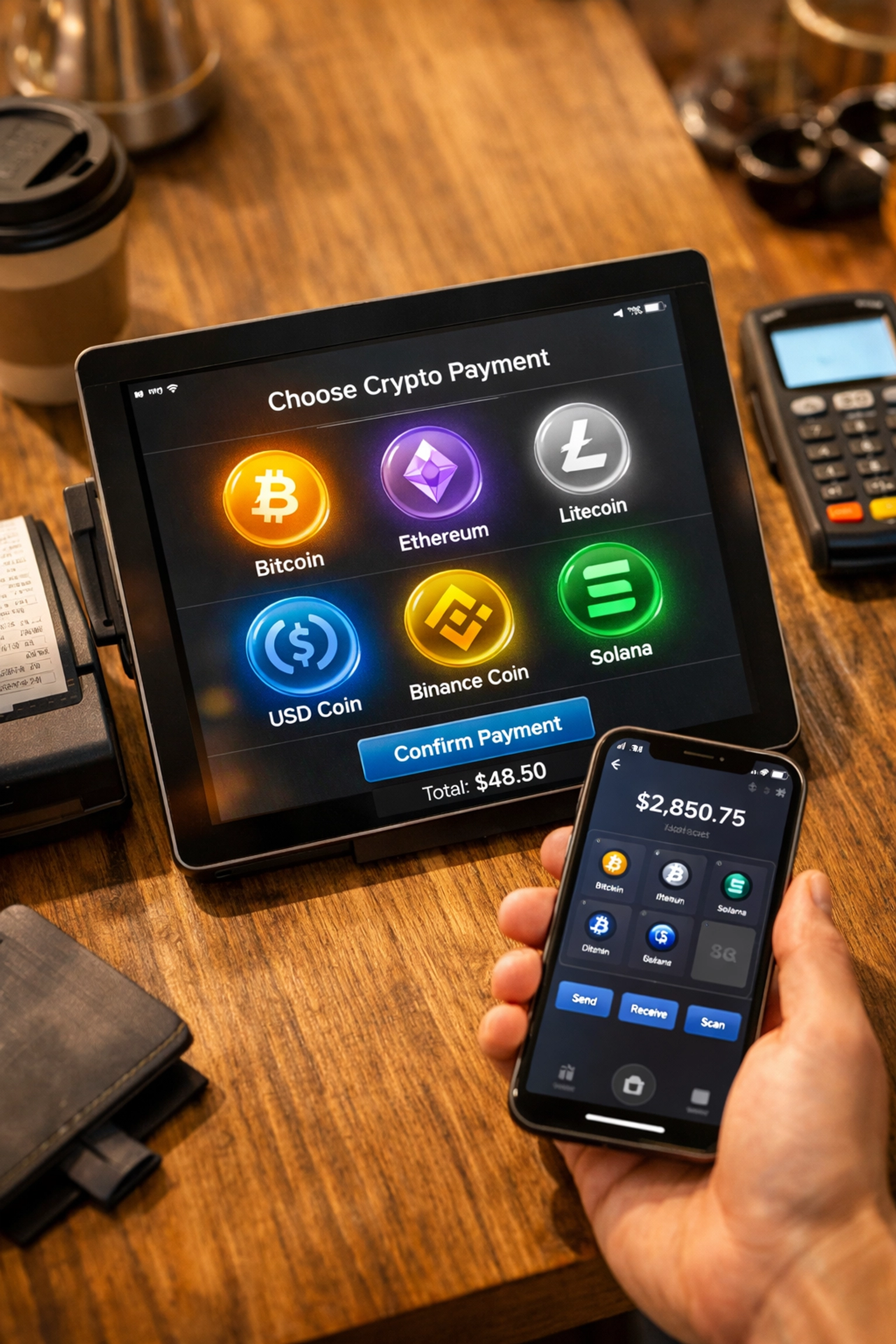 Crypto POS system checkout with tablet displaying cryptocurrency payment options and digital wallet