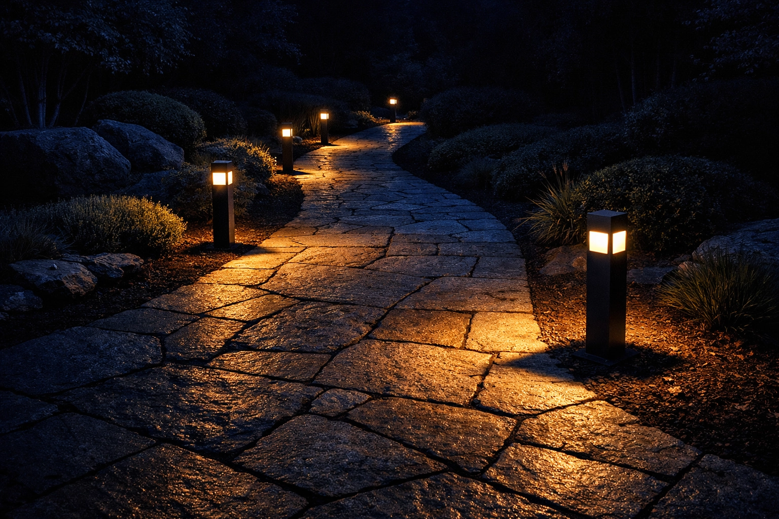 Μονοπάτι κήπου φωτισμένο τη νύχτα με ηλιακά φωτιστικά κήπου για μέγιστη ασφάλεια.