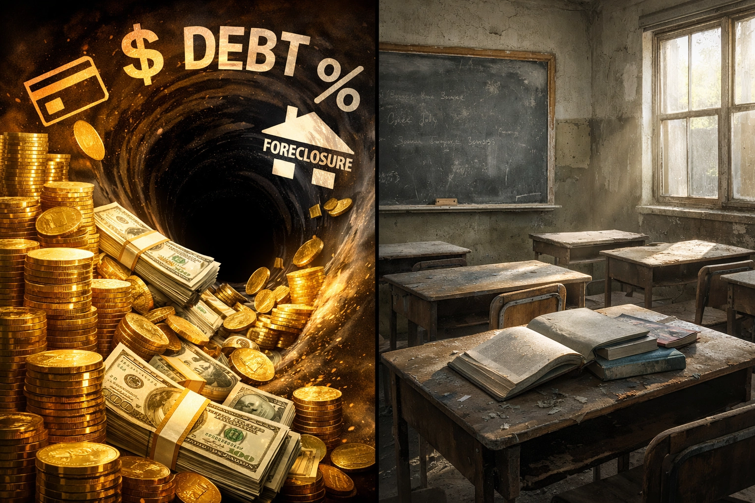 Federal budget split: money flowing to debt payments while empty classroom shows education funding cuts