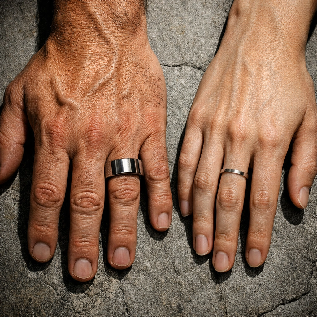 Comparison of different men's ring sizes from size 7 to size 16 to demonstrate the perfect fit.