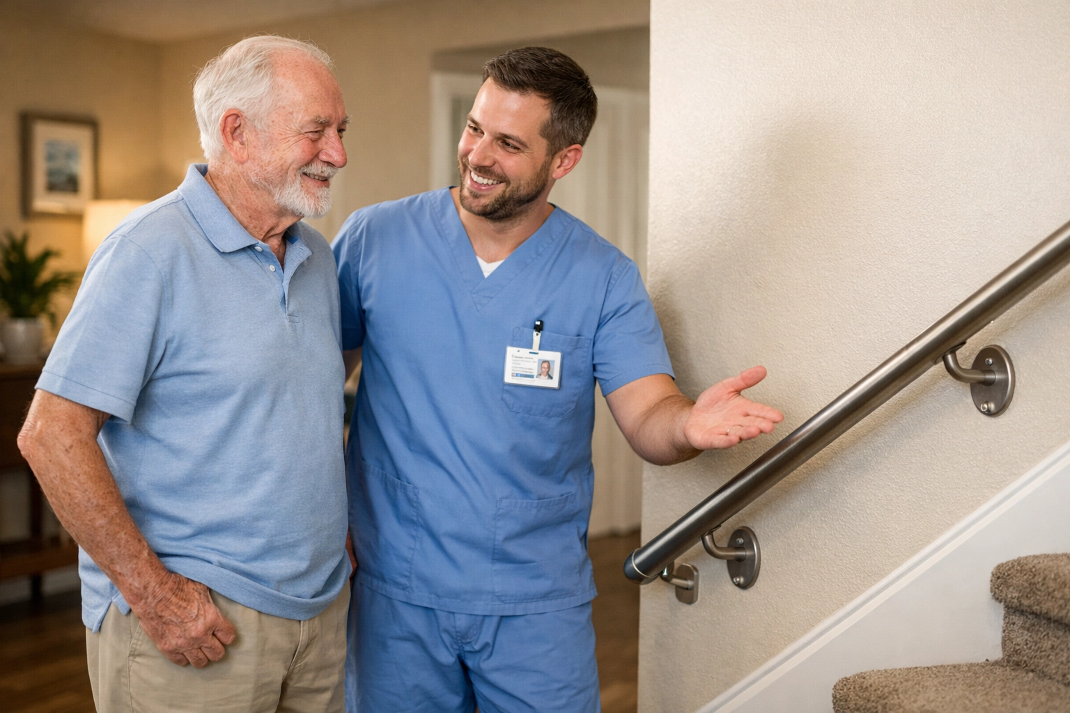 A physical therapist advising a senior man on stair safety and mobility aid options in a bright home.