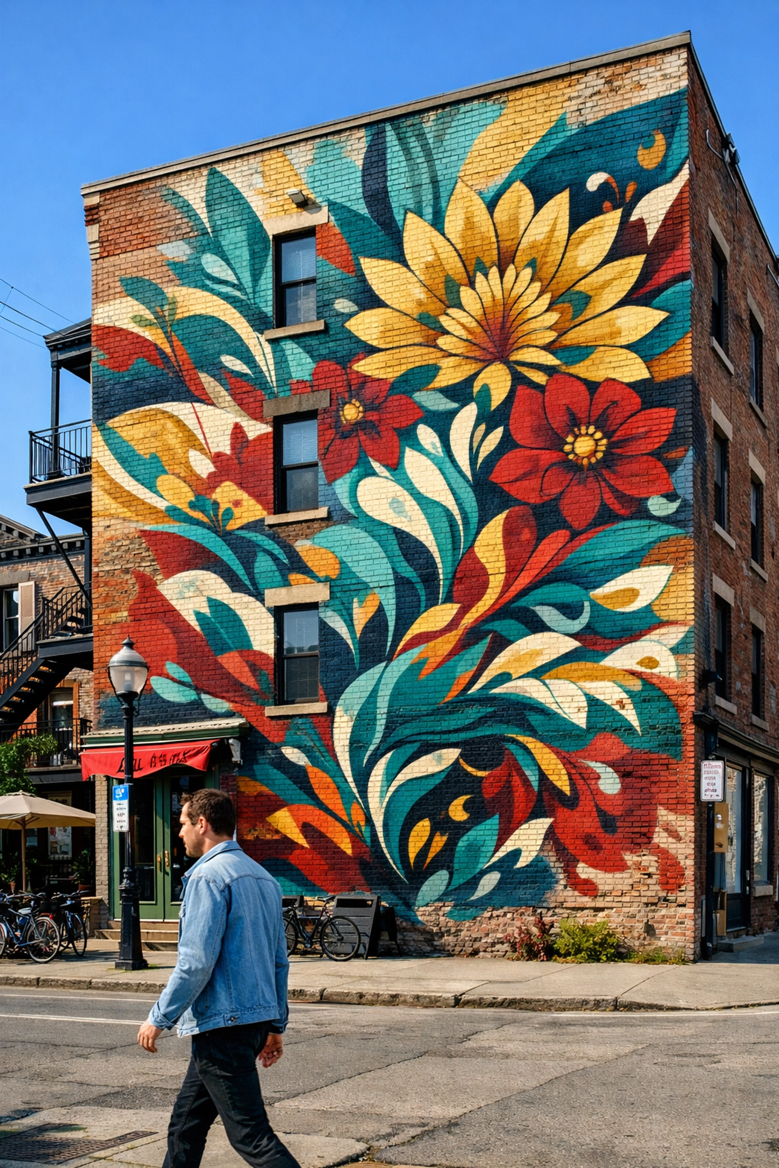 Vibrant street art mural on a traditional brick building in Montreal’s Plateau neighborhood.