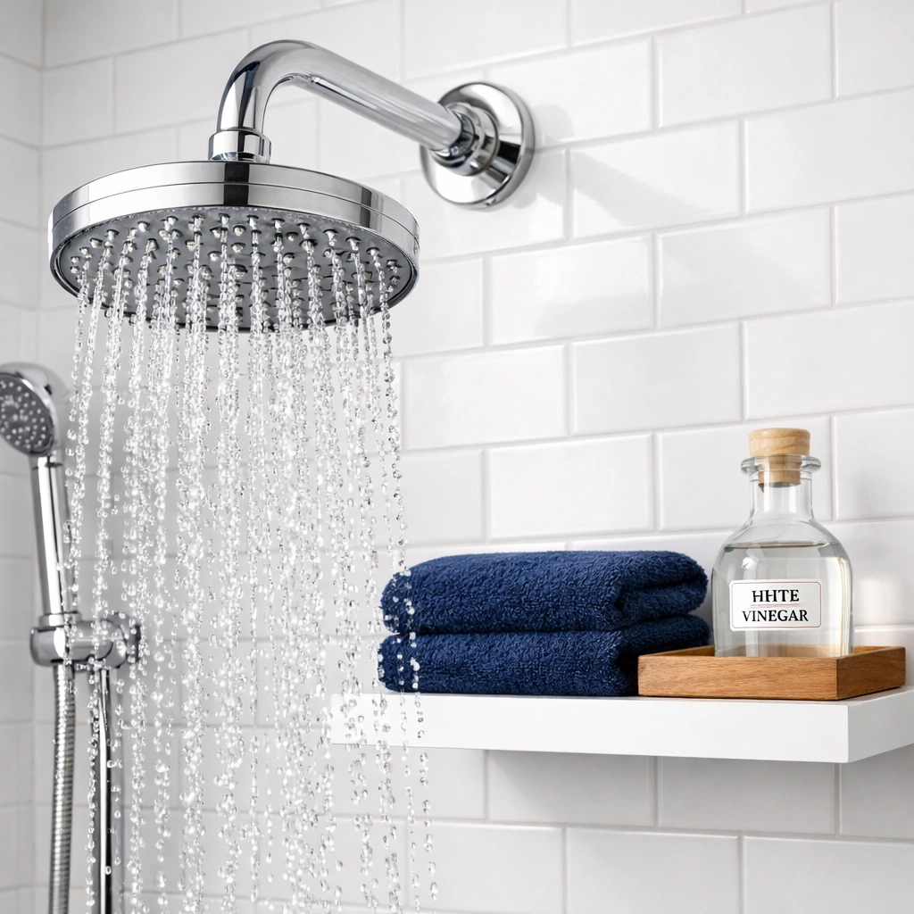 Sparkling clean bathroom showerhead and white vinegar jar on a shelf, showing non-toxic hard water removal.