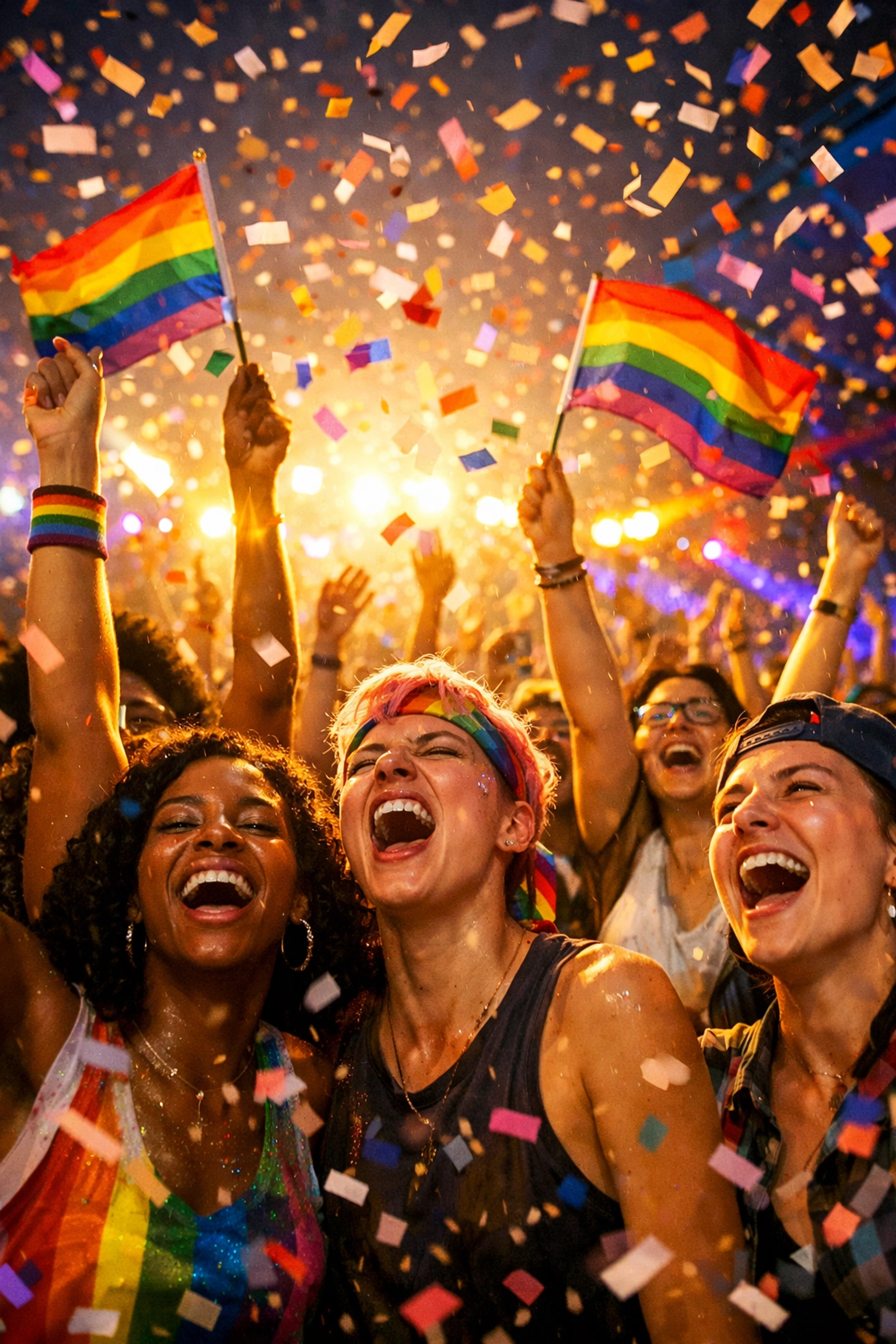 LGBTQ+ pride celebration crowd with rainbow flags celebrating gay anthems and queer solidarity