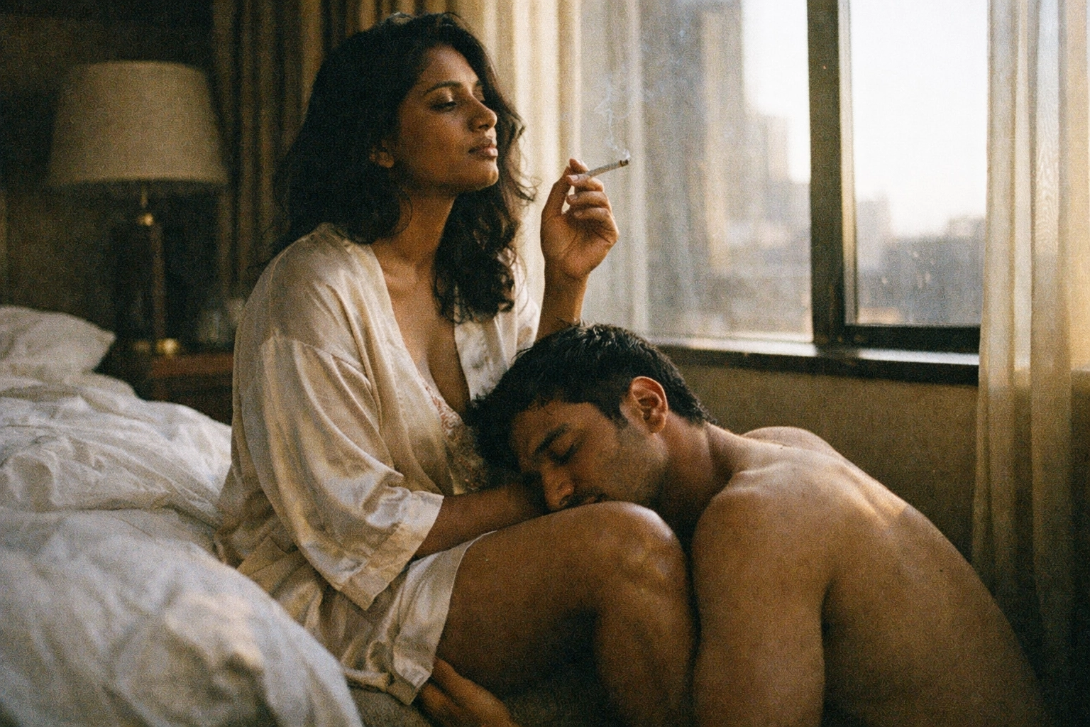 Intimate bedroom moment: confident woman, calm authority; partner kneeling close, devotion without performance