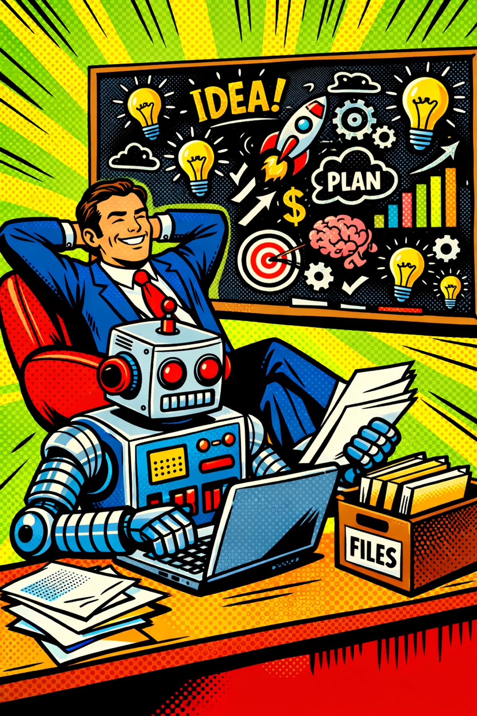 A happy business owner focusing on big ideas while an AI virtual assistant for business automates busy work.