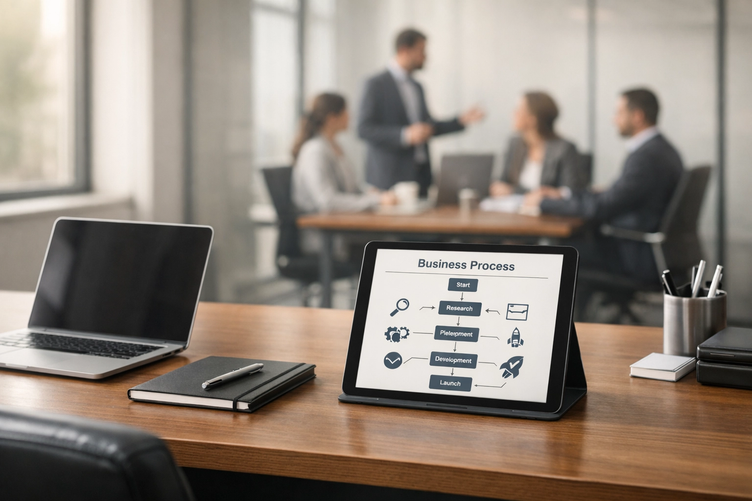 Modern office desk with a business flowchart showing autonomous operations for a Mississippi company sale.