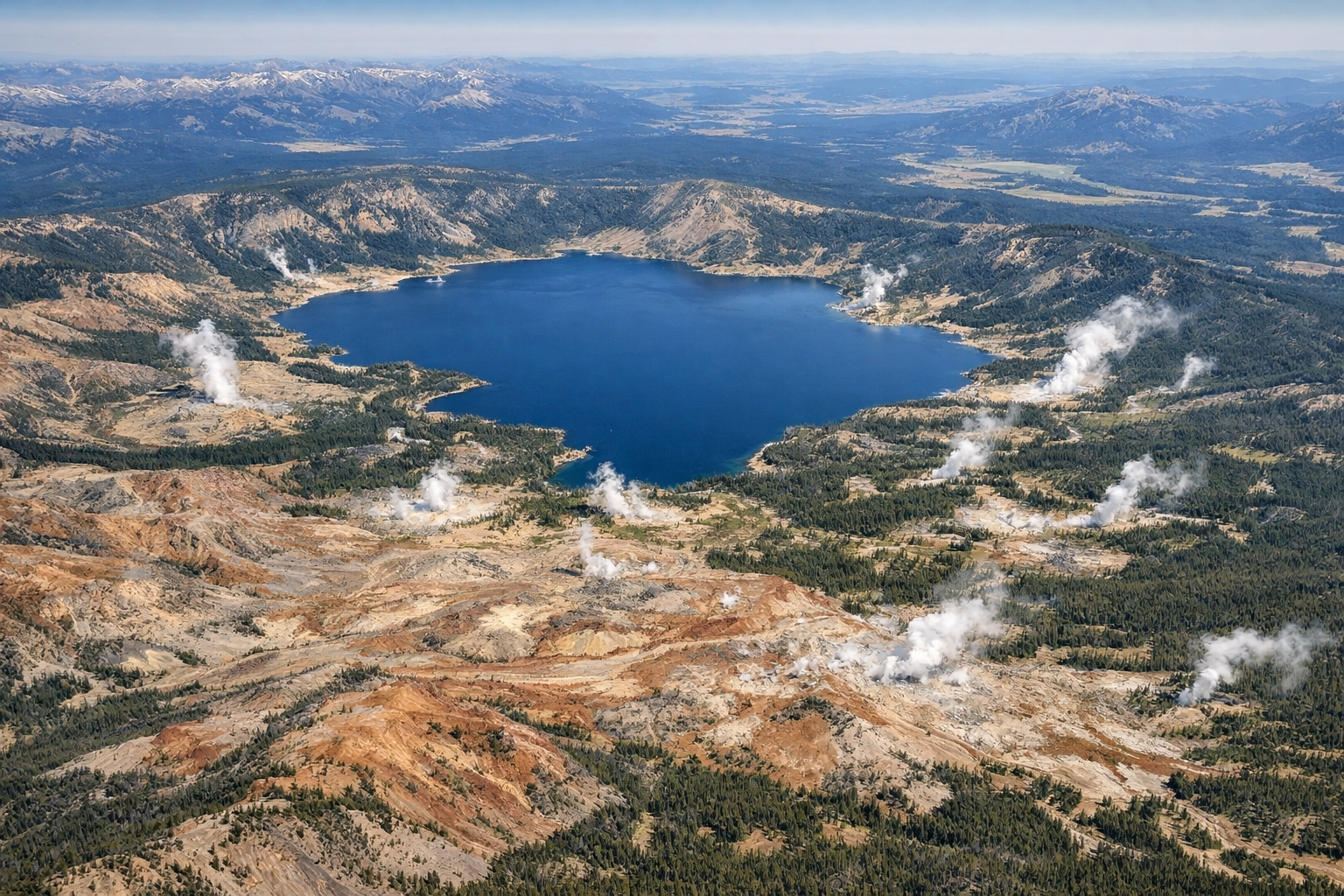 Aerial view of Yellowstone Caldera showing the massive supervolcano depression and lake