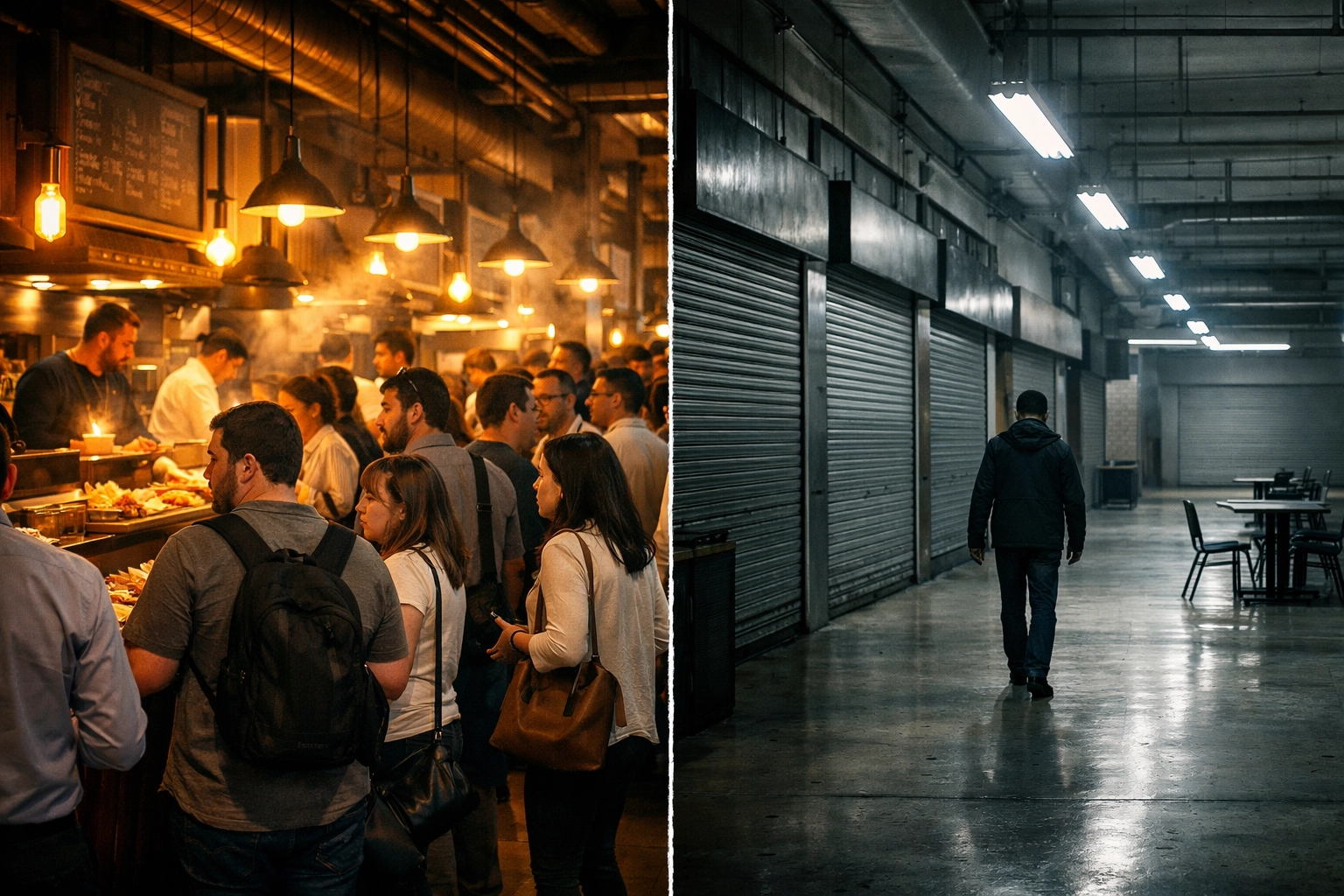 Before and after comparison of food hall showing bustling vendors versus empty space after anchor tenant departure