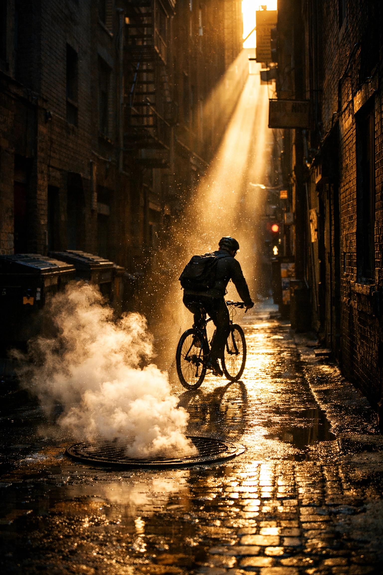 Creative street photography of a cyclist riding through a golden hour sunbeam in a narrow city alleyway.