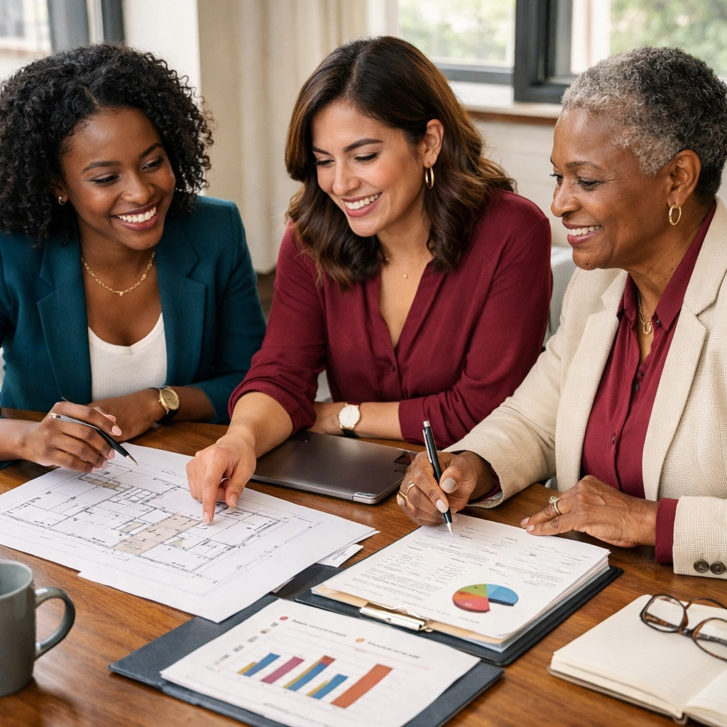 Diverse women entrepreneurs collaborating on business plans demonstrating teamwork and community empowerment