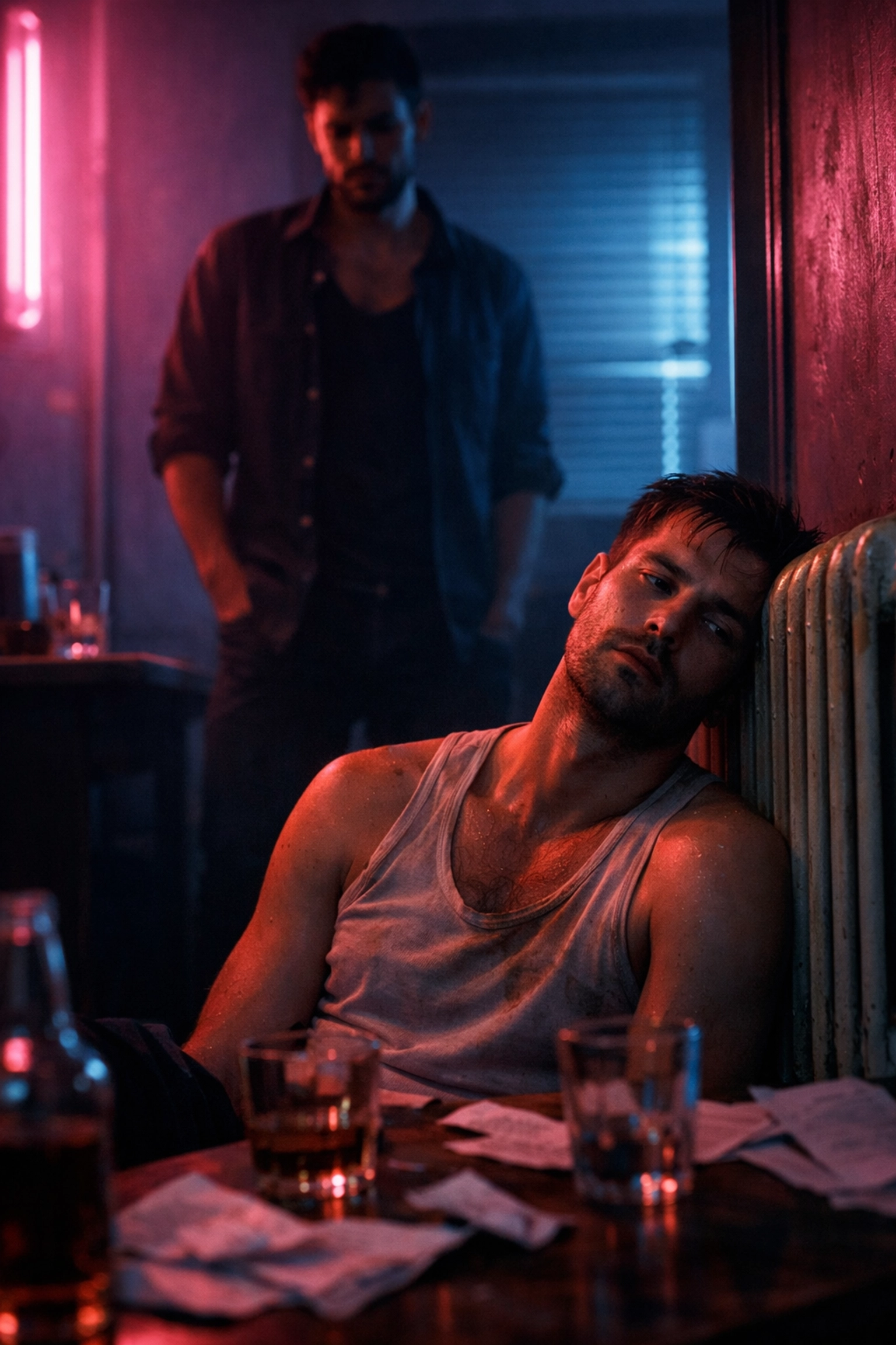 Two gay men in a neon-lit apartment showing the emotional distance and neglect caused by urban drug addiction.