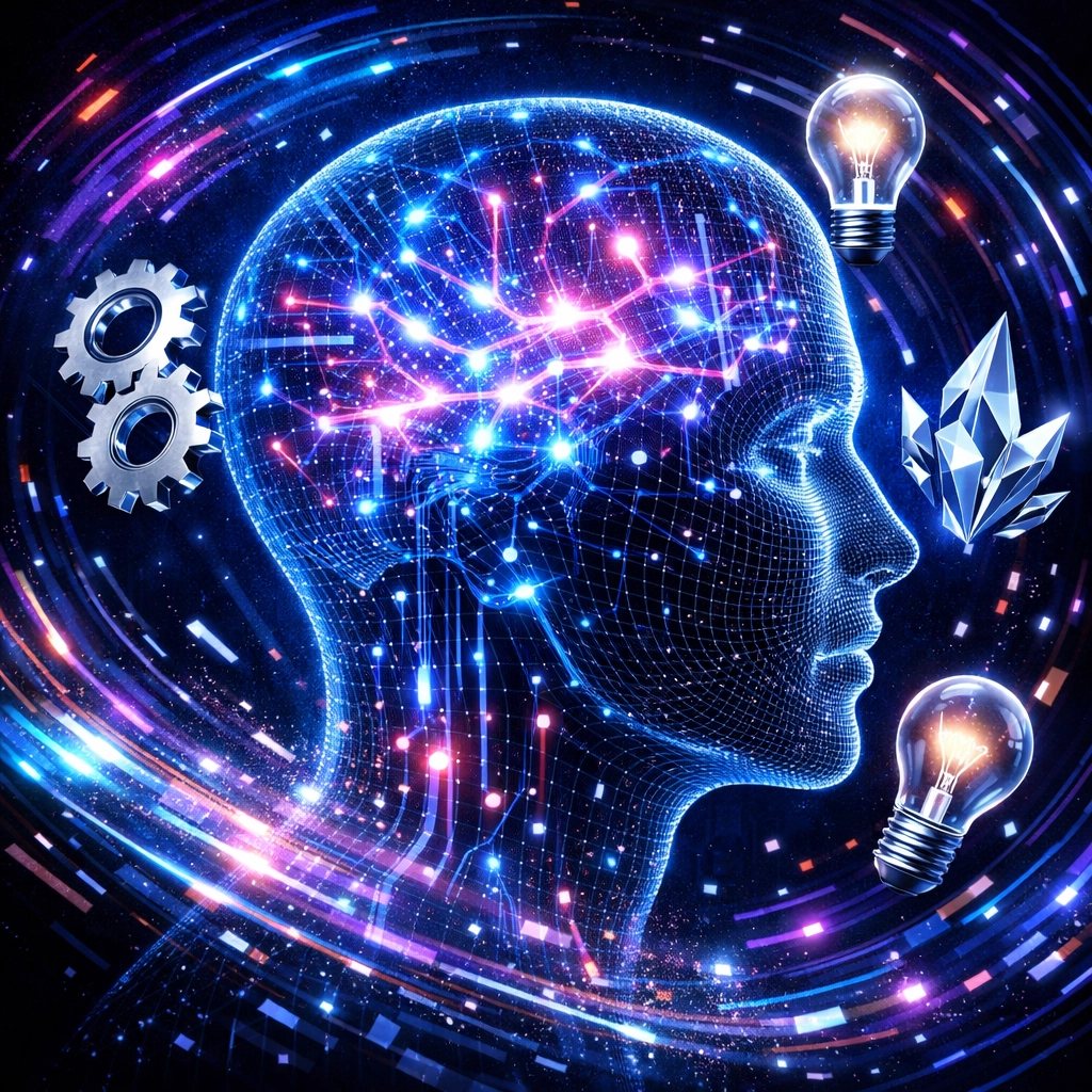 Glowing digital brain illustrating high knowledge retention during immersive VR training and leadership development.