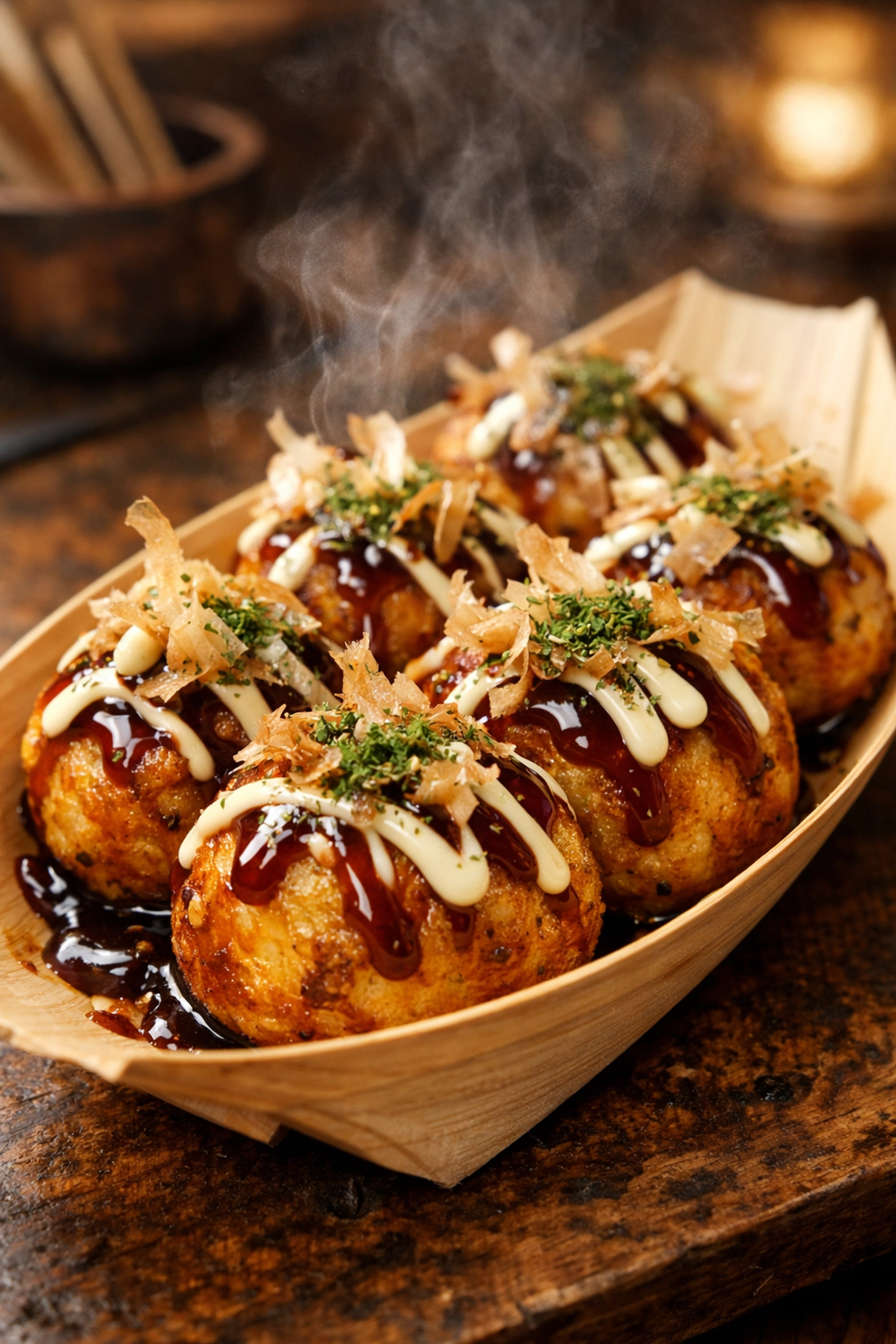 Freshly cooked golden-brown takoyaki octopus balls with sauce and bonito flakes in a boat tray.
