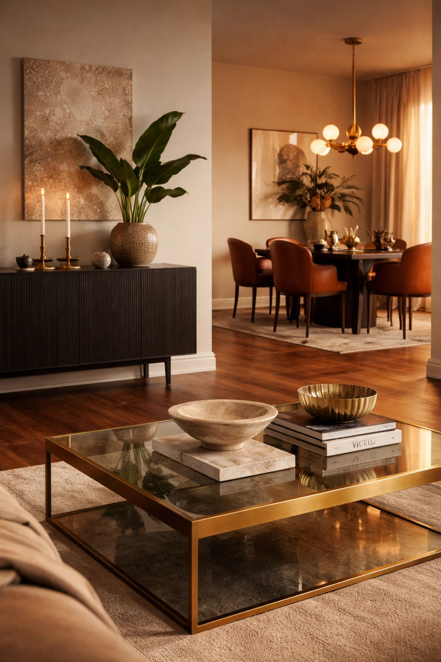 Sophisticated dining area with brass and glass table, black oak credenza, and walnut floors for designer style