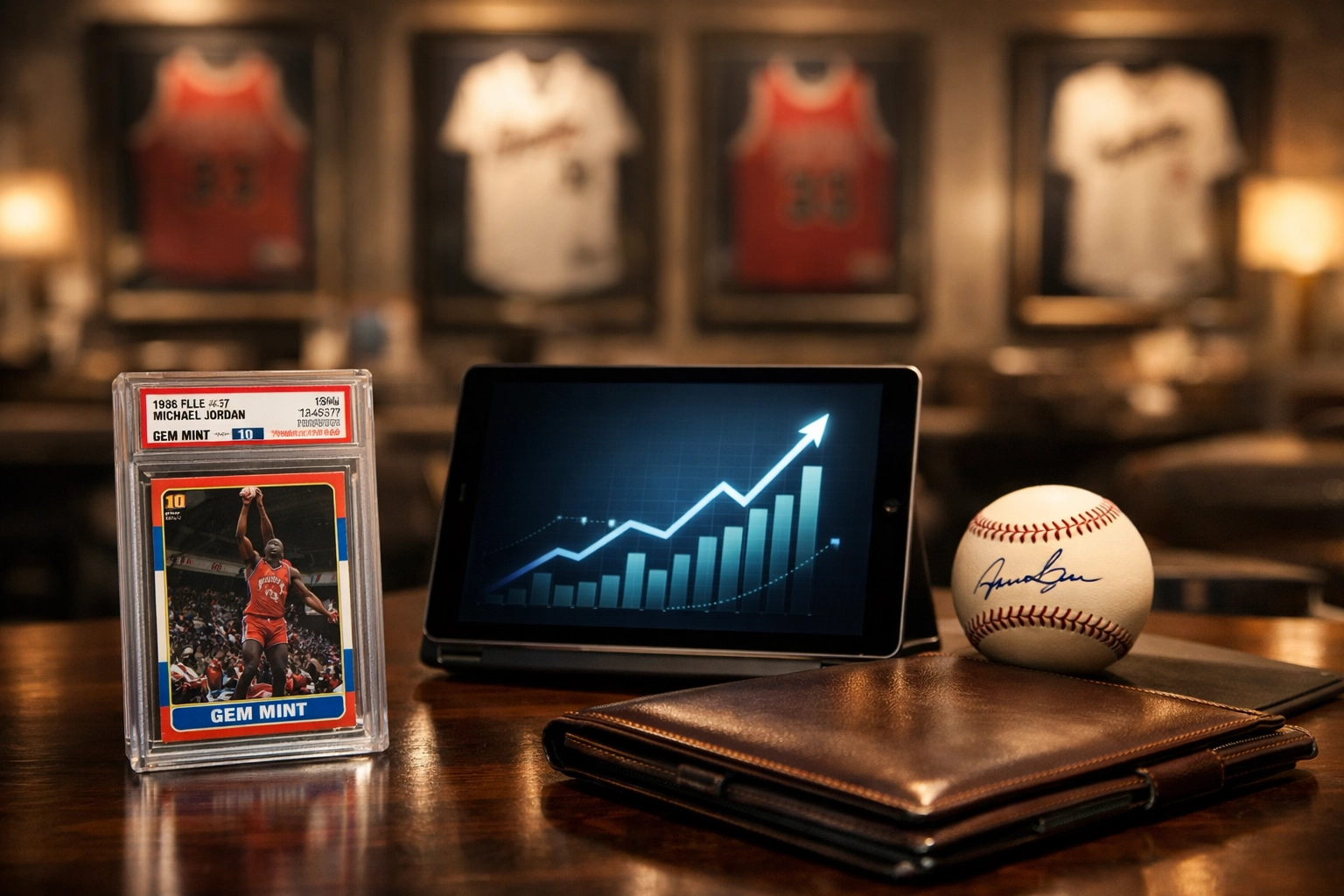 Graded sports card and signed baseball on a desk with a financial growth chart.