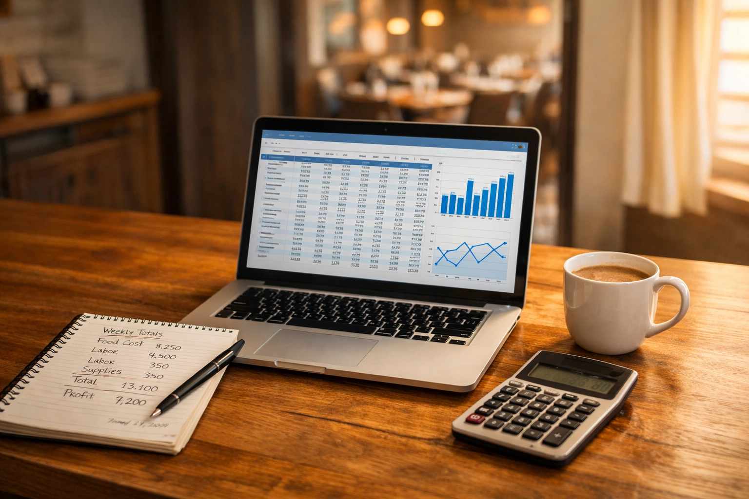 Restaurant pro forma spreadsheet and financial calculations on laptop in office