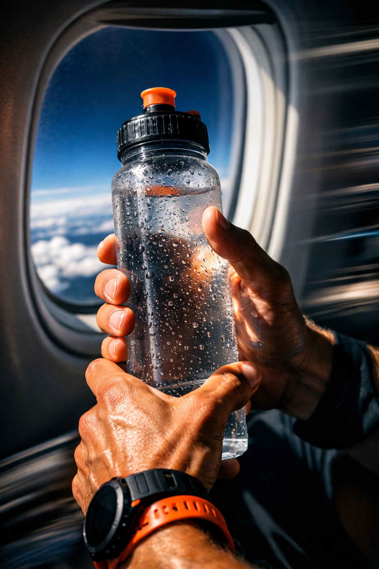 Runner holding water bottle for hydration during flight to marathon destination