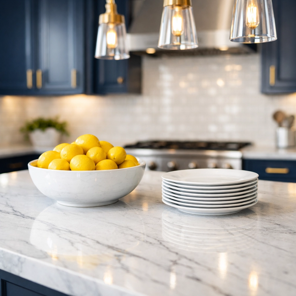 Sparkling kitchen in Stow MA with clean quartz countertops following a professional weekly house cleaning.