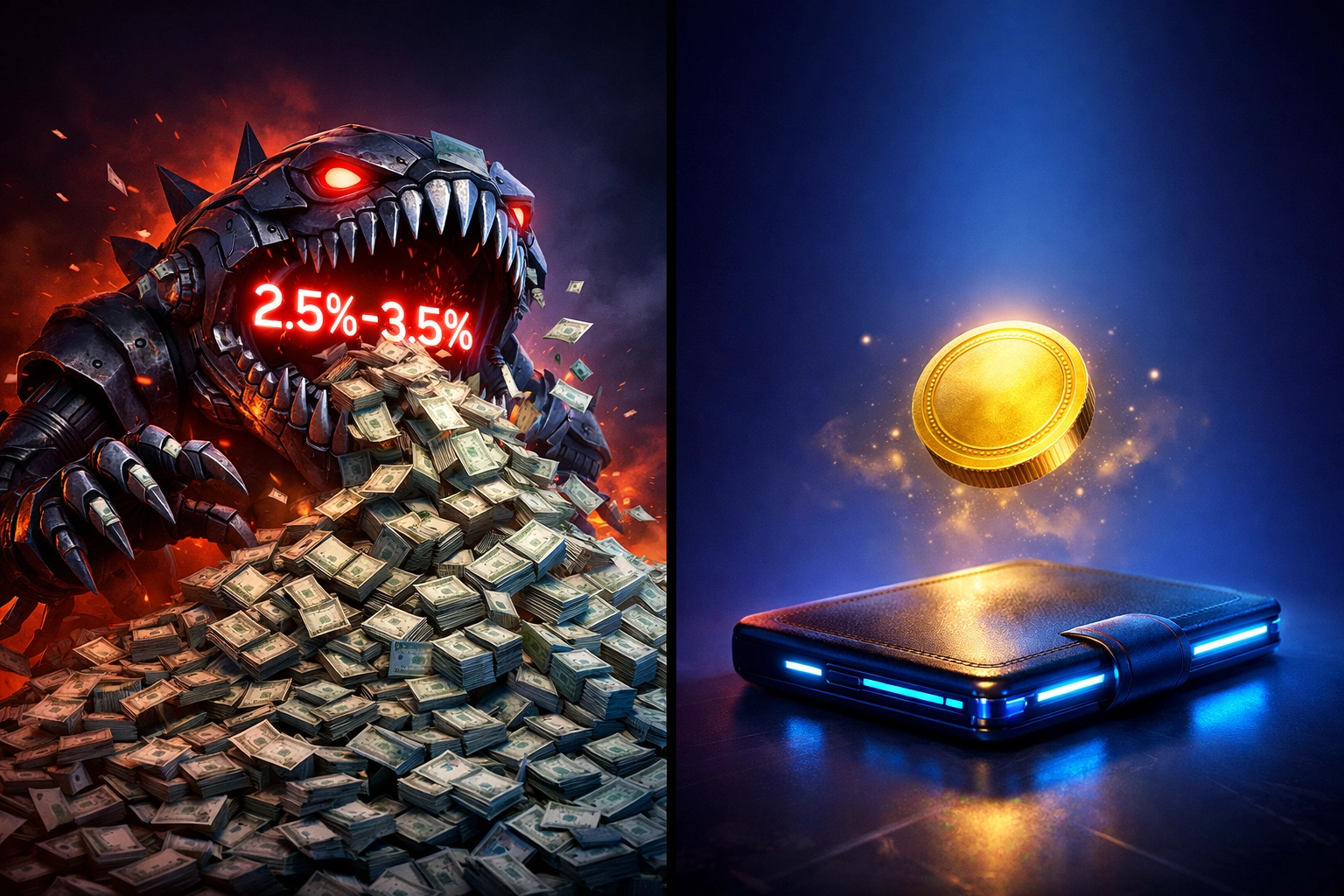 Traditional merchant fees eating cash vs self-custody crypto payment with minimal gas fees