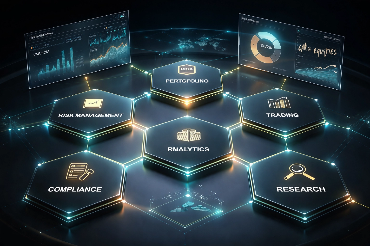 Dashboard displaying interconnected hedge fund functions for institutional portfolio risk management