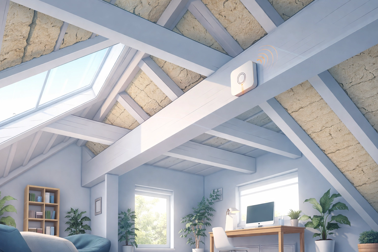 Minimalist view of a modern insulated loft with a wireless sensor, promoting smart upgrades and damp prevention.