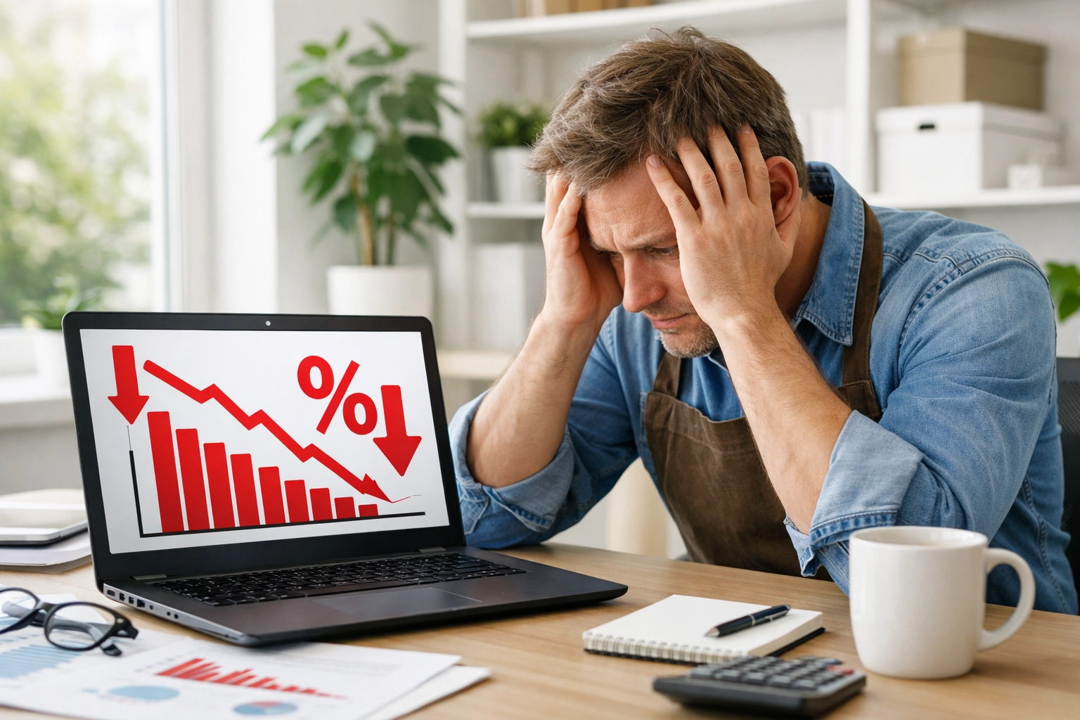 Stressed small business owner reviewing declining financial reports at month-end Stressed small business owner reviewing declining financial reports at month-end