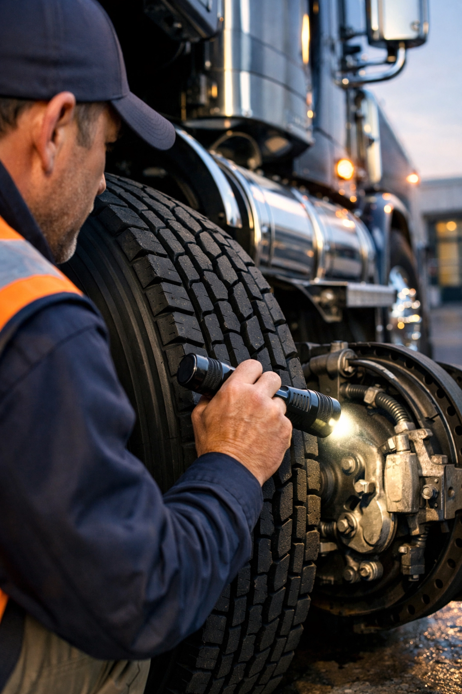 Commercial driver performing a pre-trip inspection of truck brakes and tires to ensure vehicle safety.