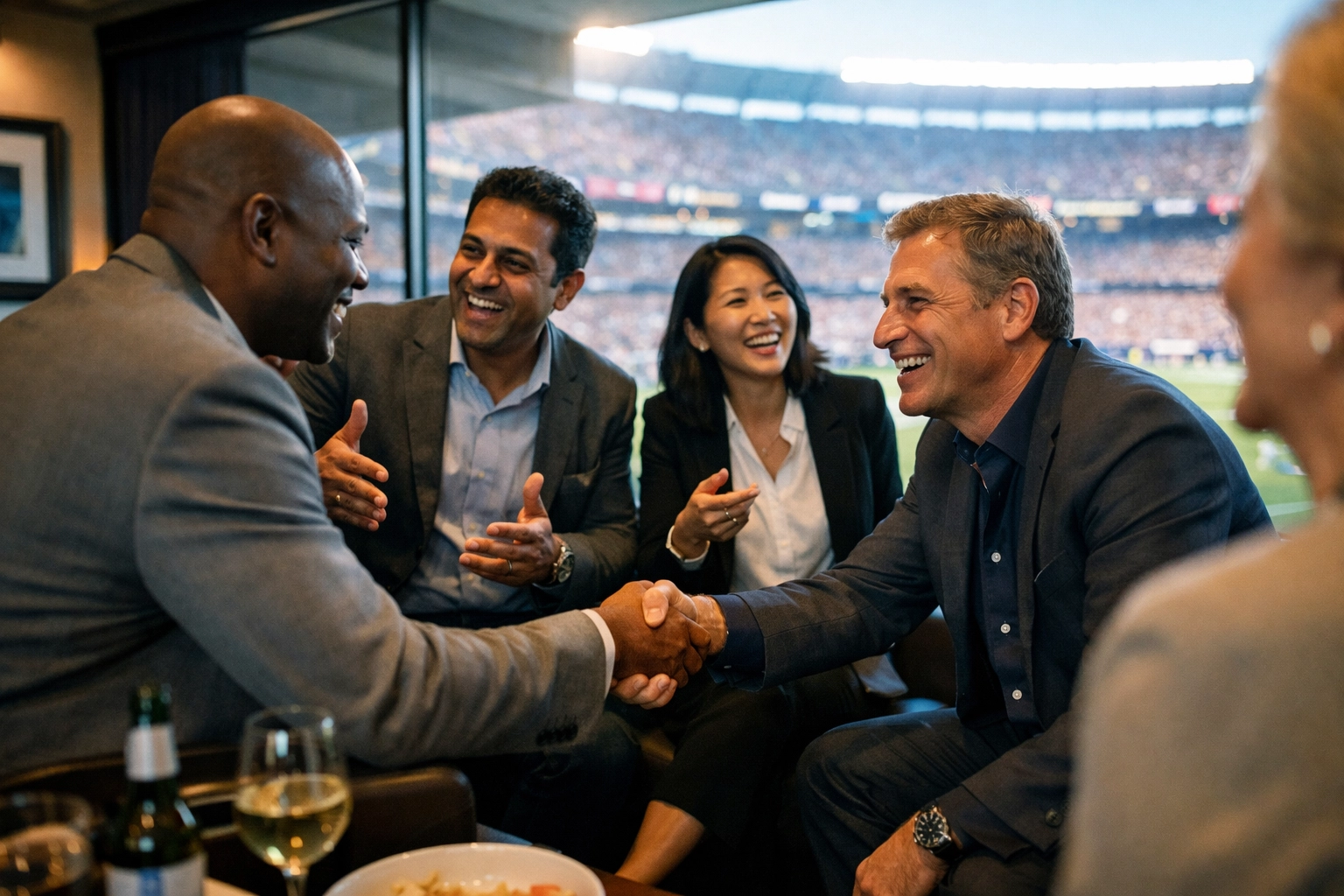 Business executives networking in Super Bowl luxury suite during game