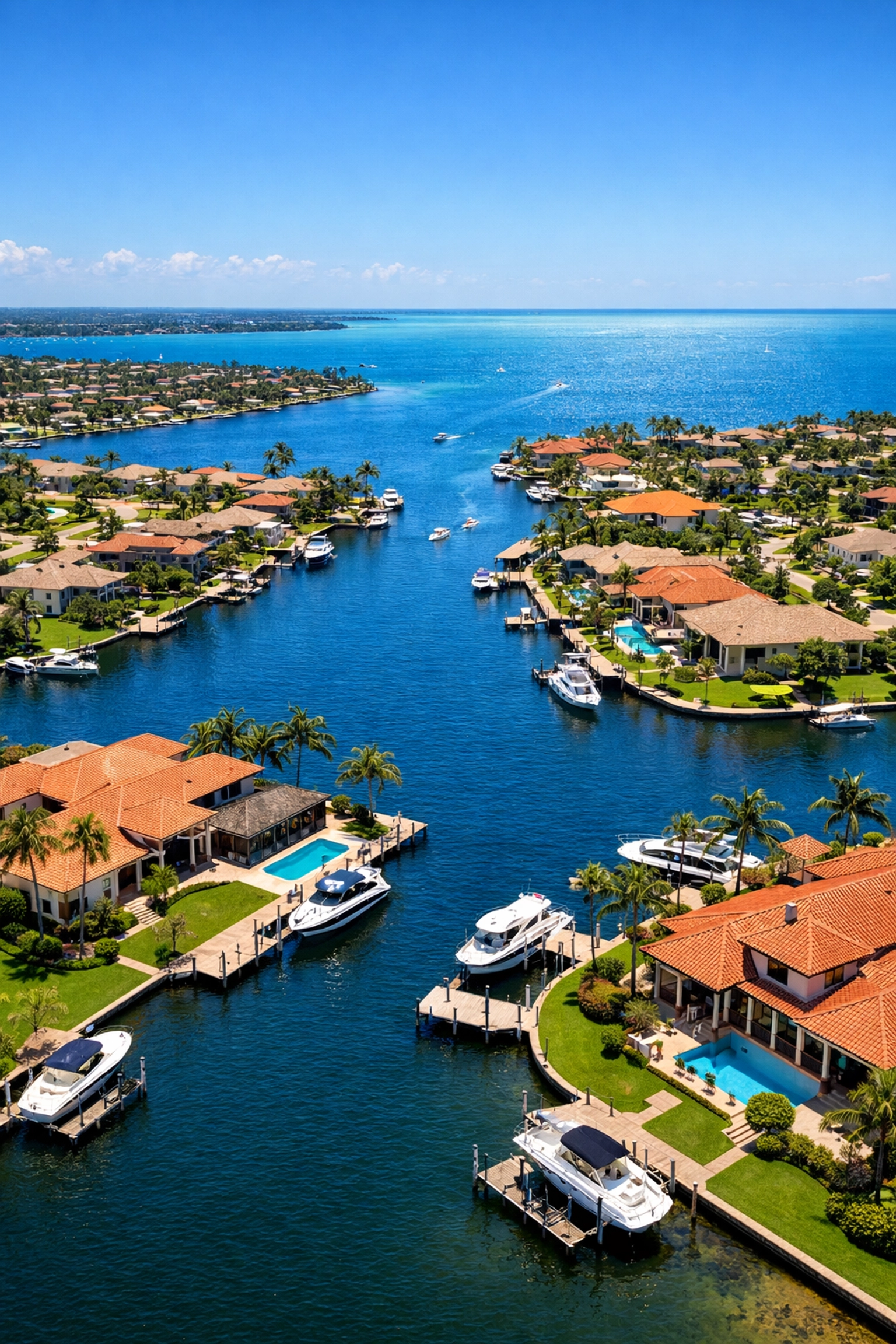Aerial view of luxury Cape Coral waterfront homes and private docks along a blue canal system.