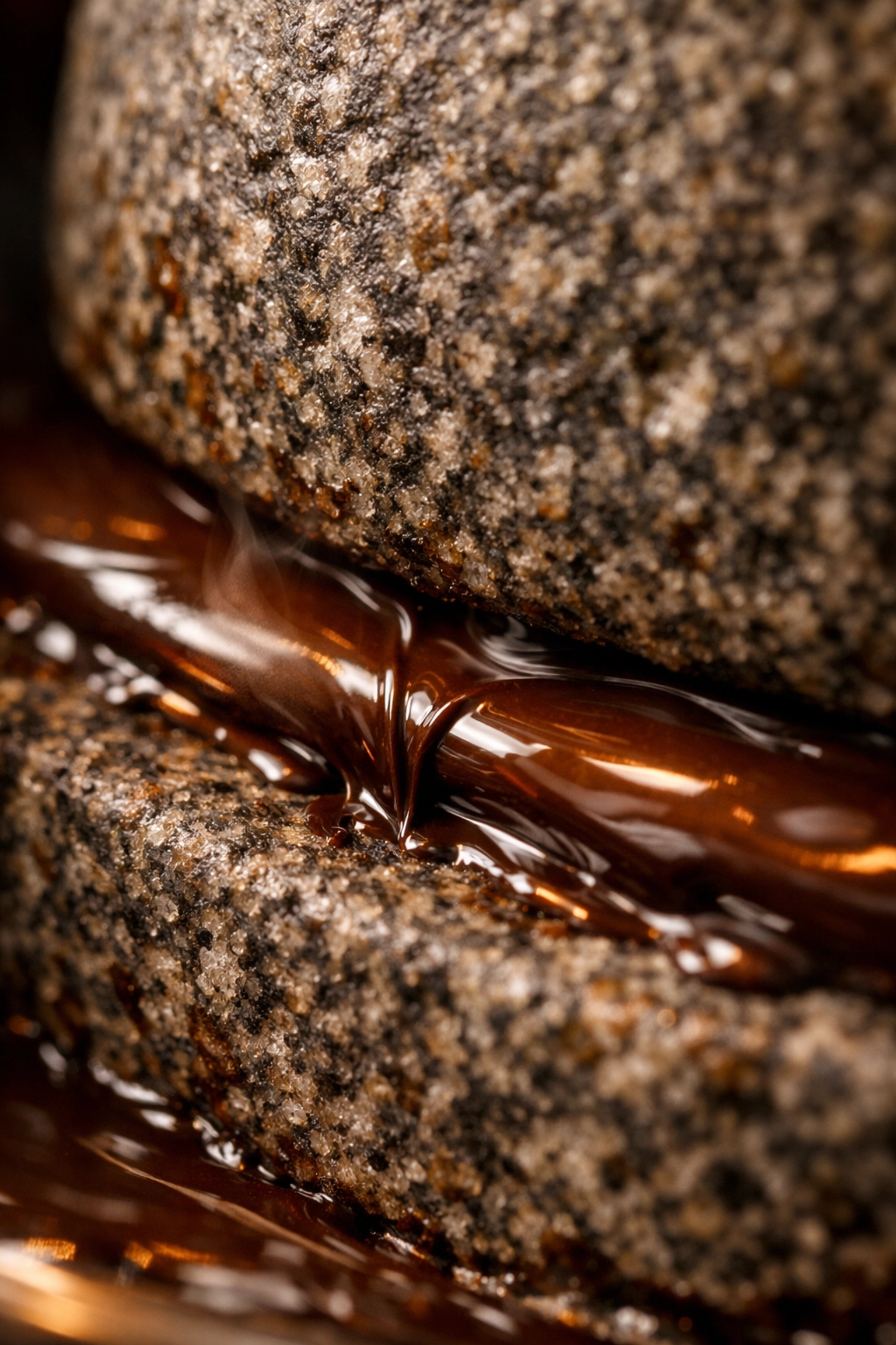 Close-up of granite grinding stones with flowing dark chocolate between them