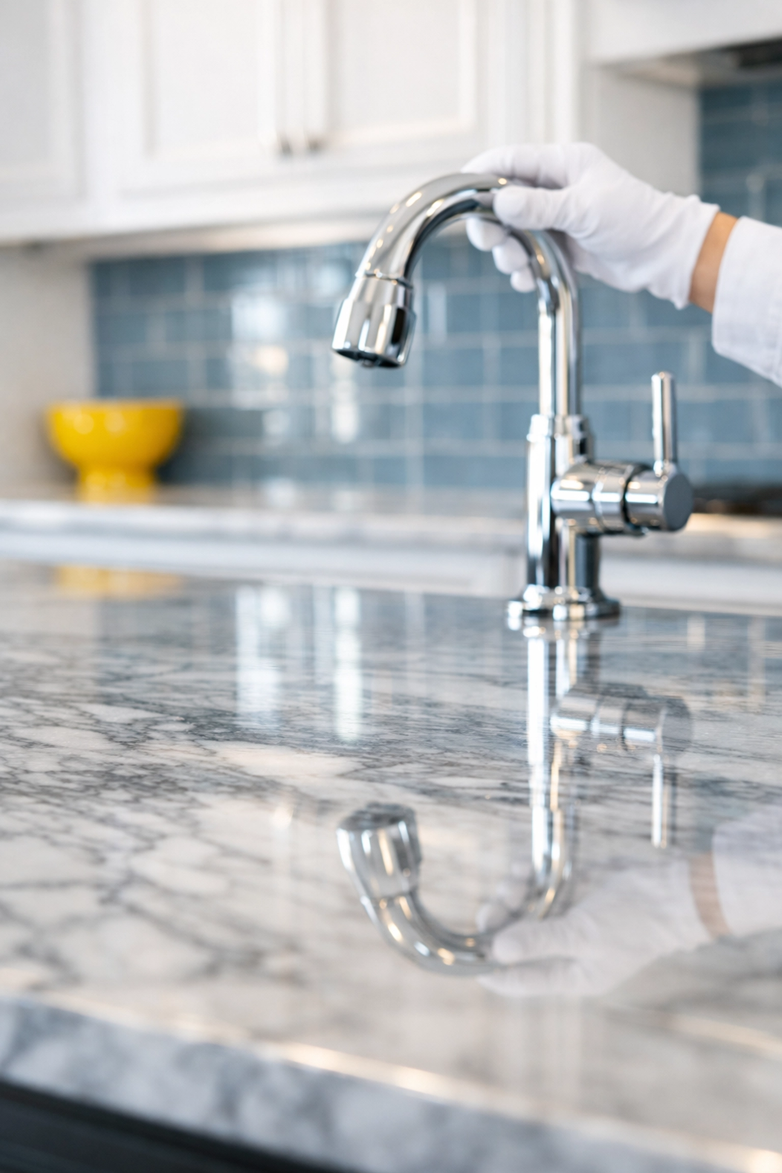 Professional kitchen deep cleaning in Westborough featuring polished marble counters and chrome fixtures.