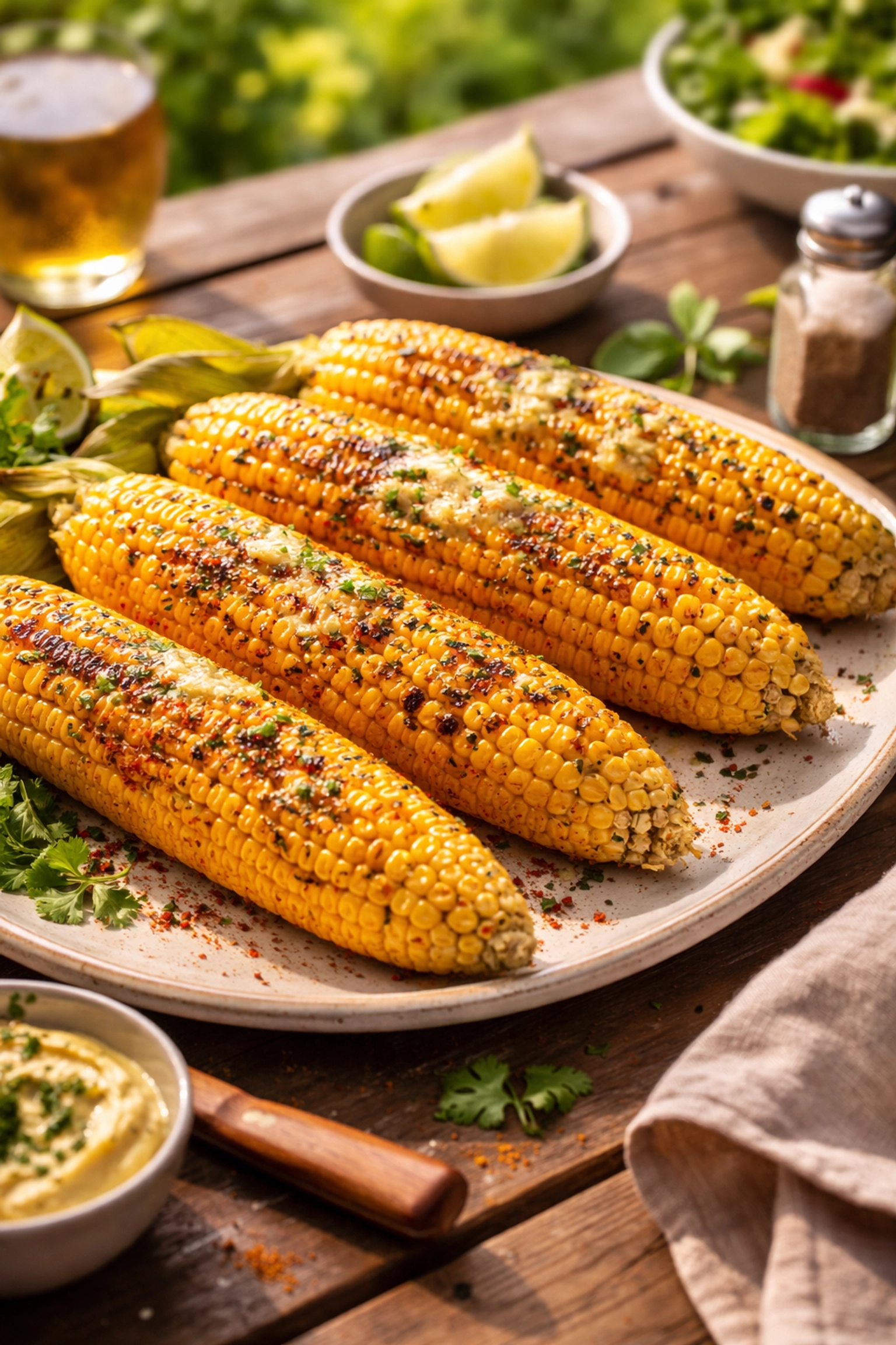 Charred grilled corn on the cob coated with Blue Ridge Hot Honey compound butter