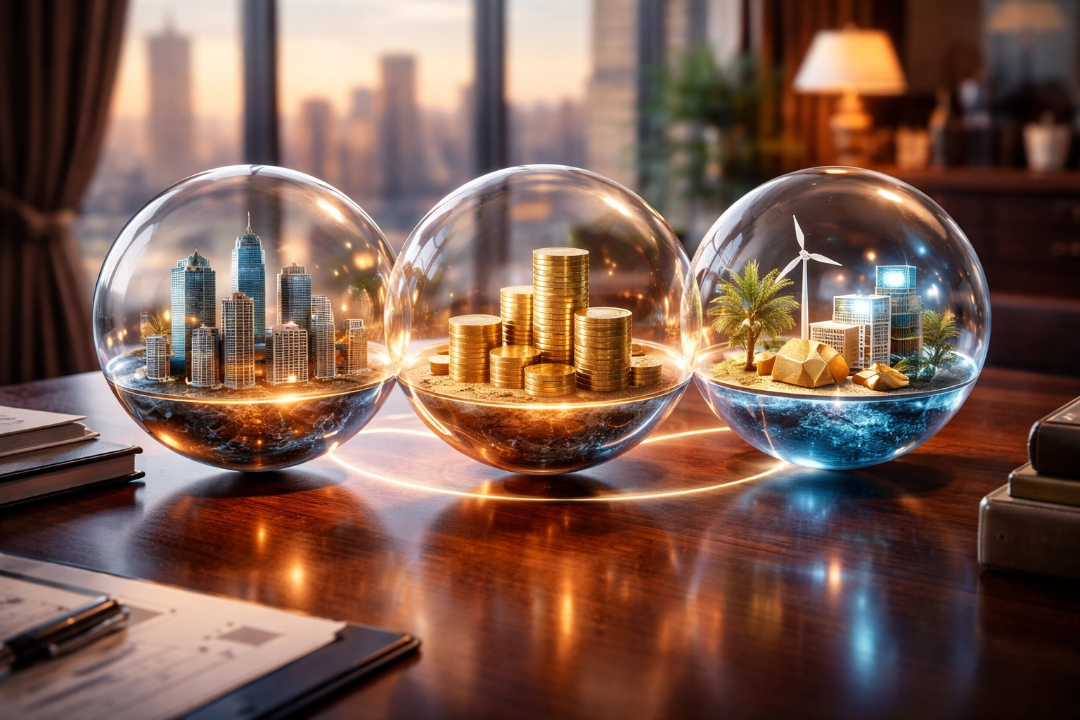 Three floating glass spheres illustrate equity, fixed income, and alternative assets in institutional portfolios