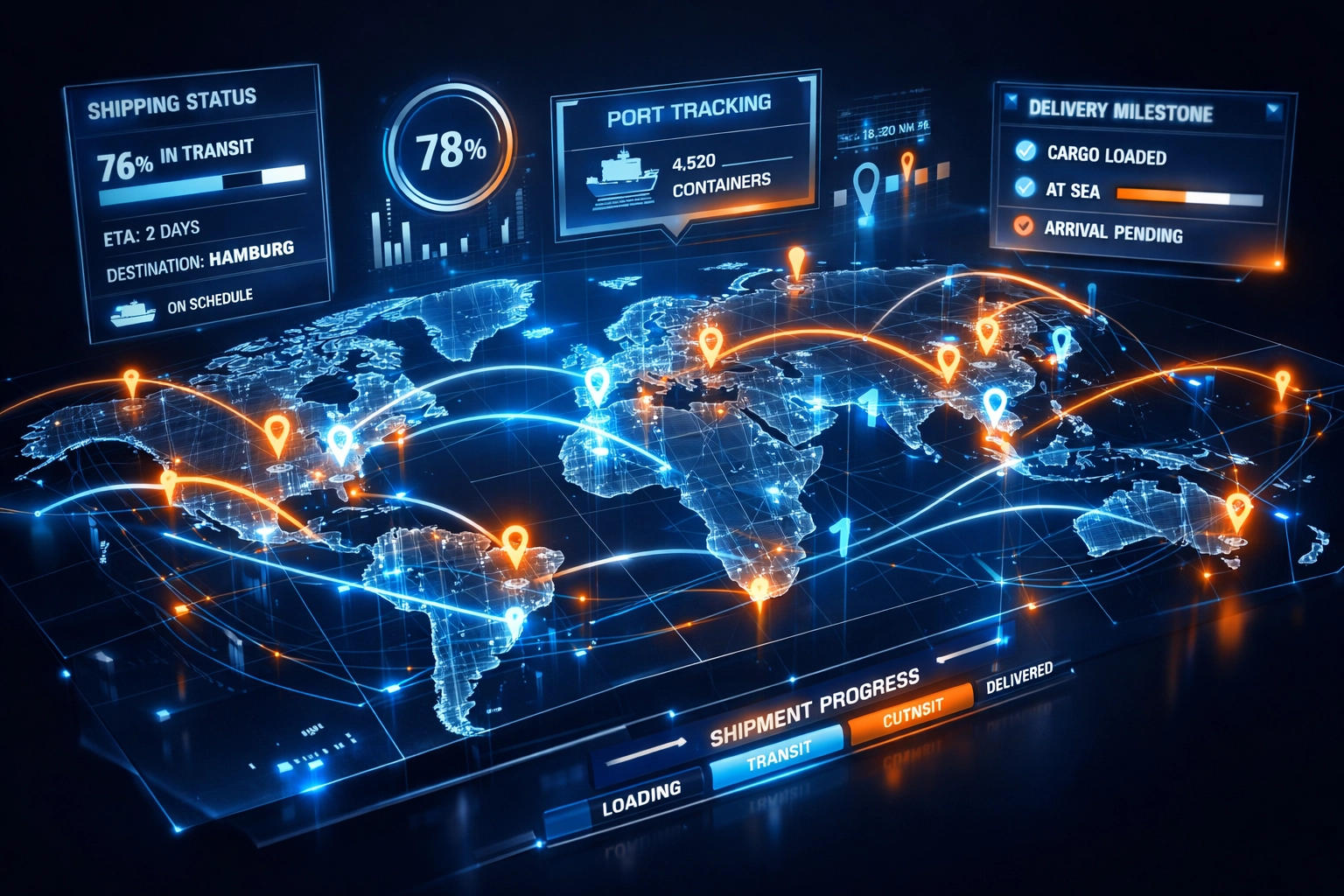 Global shipping route map showing real-time tracking across international seaports and major ports worldwide