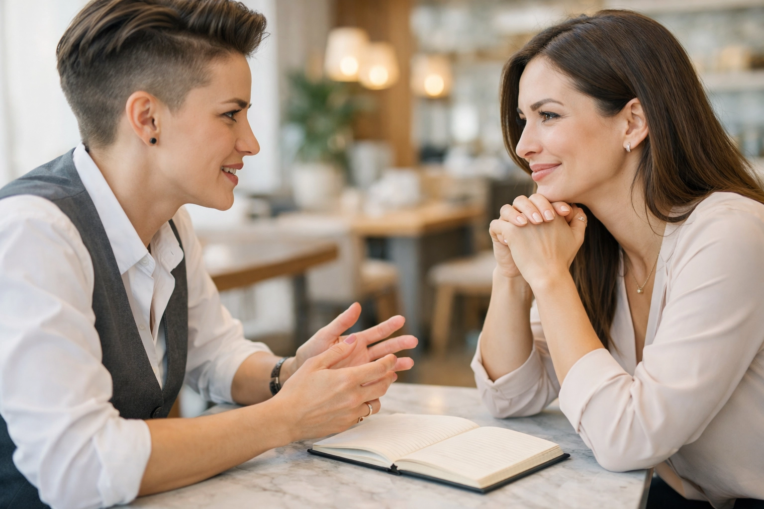 Two lesbian professionals in a focused business meeting, demonstrating radical clarity and transparent communication.