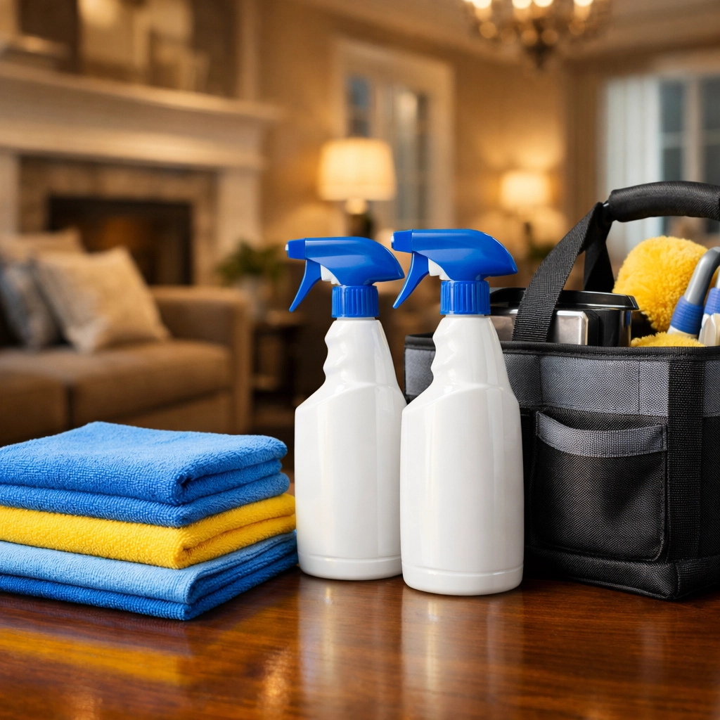 High-quality cleaning supplies used by a professional deep cleaning service in Lincoln and Carlisle for residential homes.