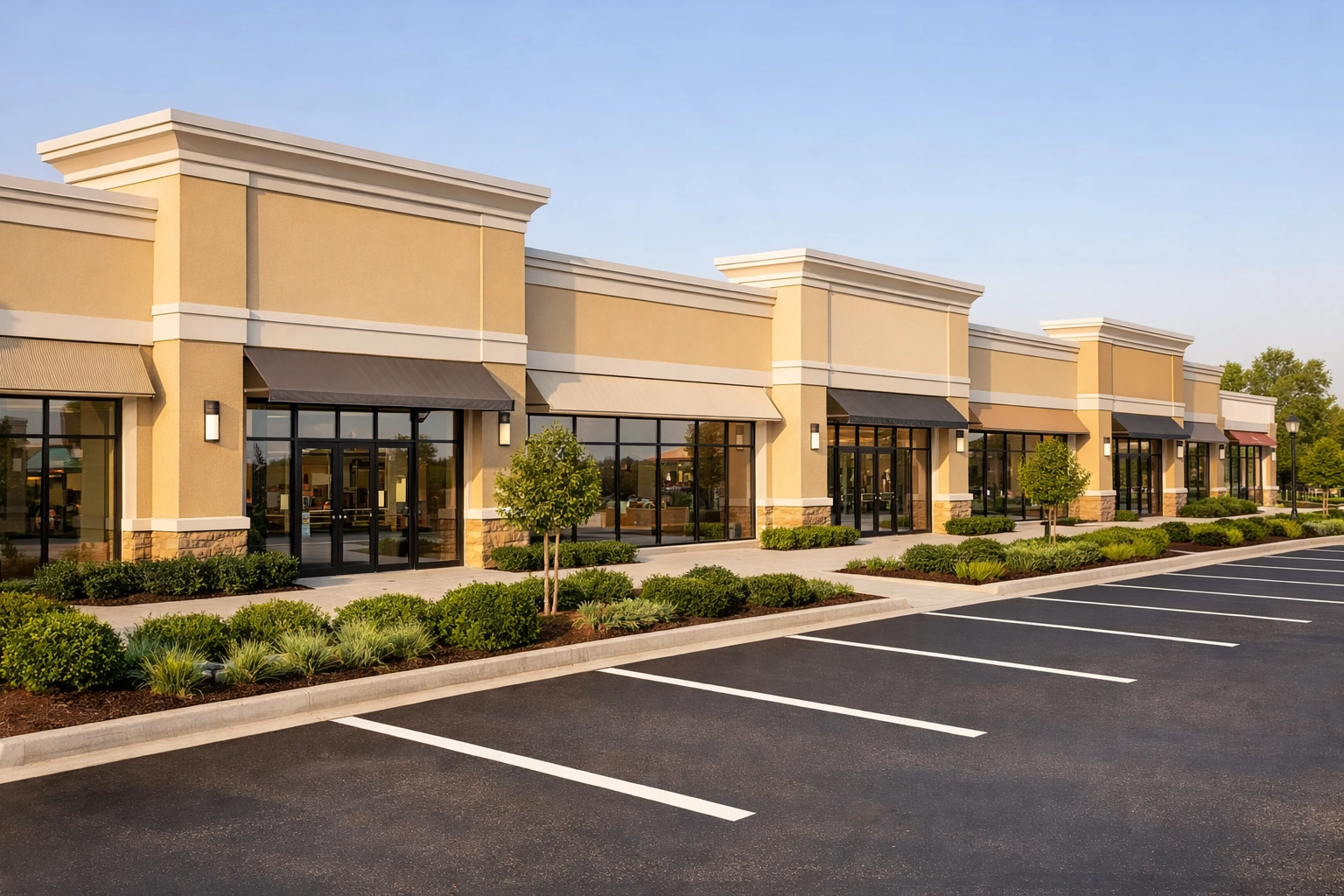 Modern shopping center with freshly painted facade, clean storefronts, and well-maintained landscaping