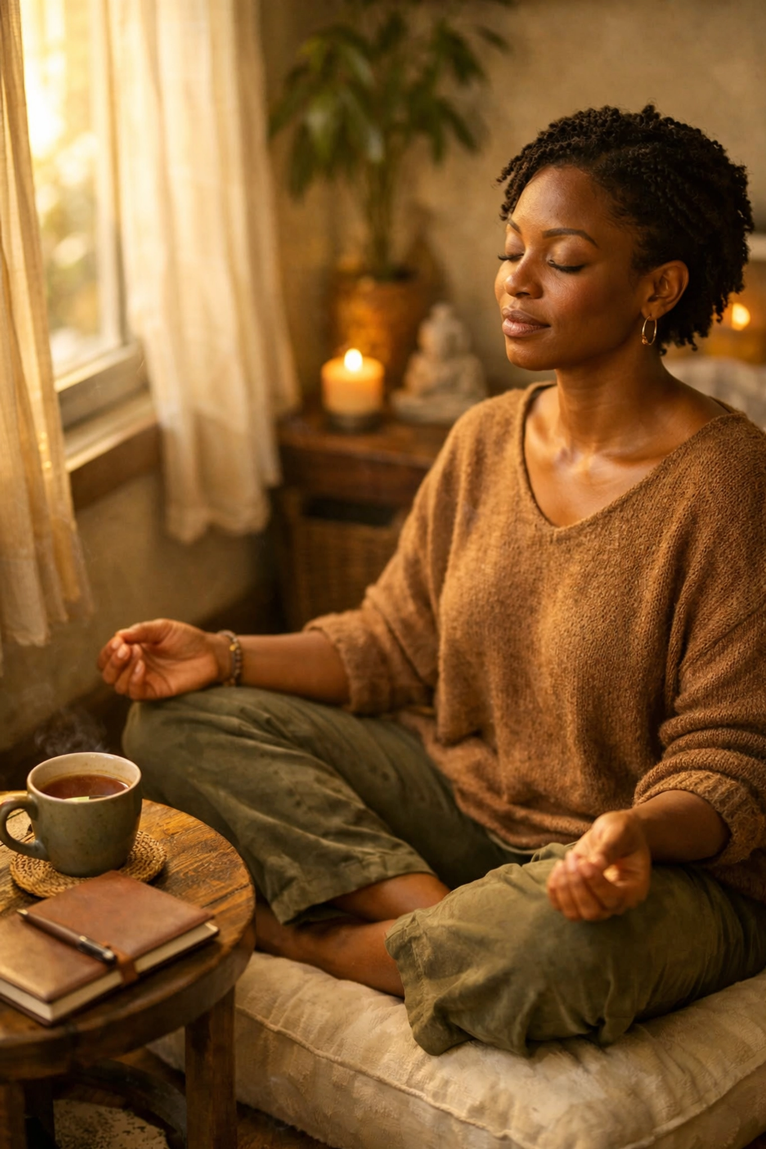 Black woman practicing meditation and self-care for trauma recovery at home